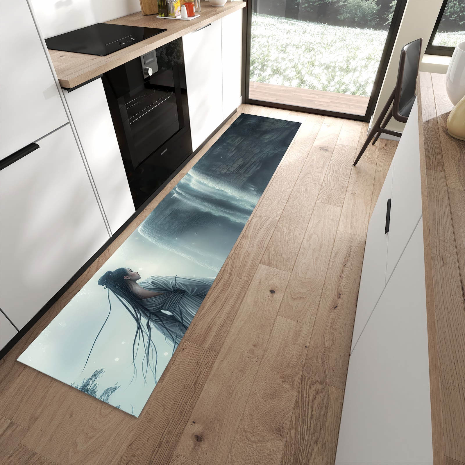UV-beständiger waschbarer Küchenteppich mit Motiv Frau Am Wasserfall in moderner Küche