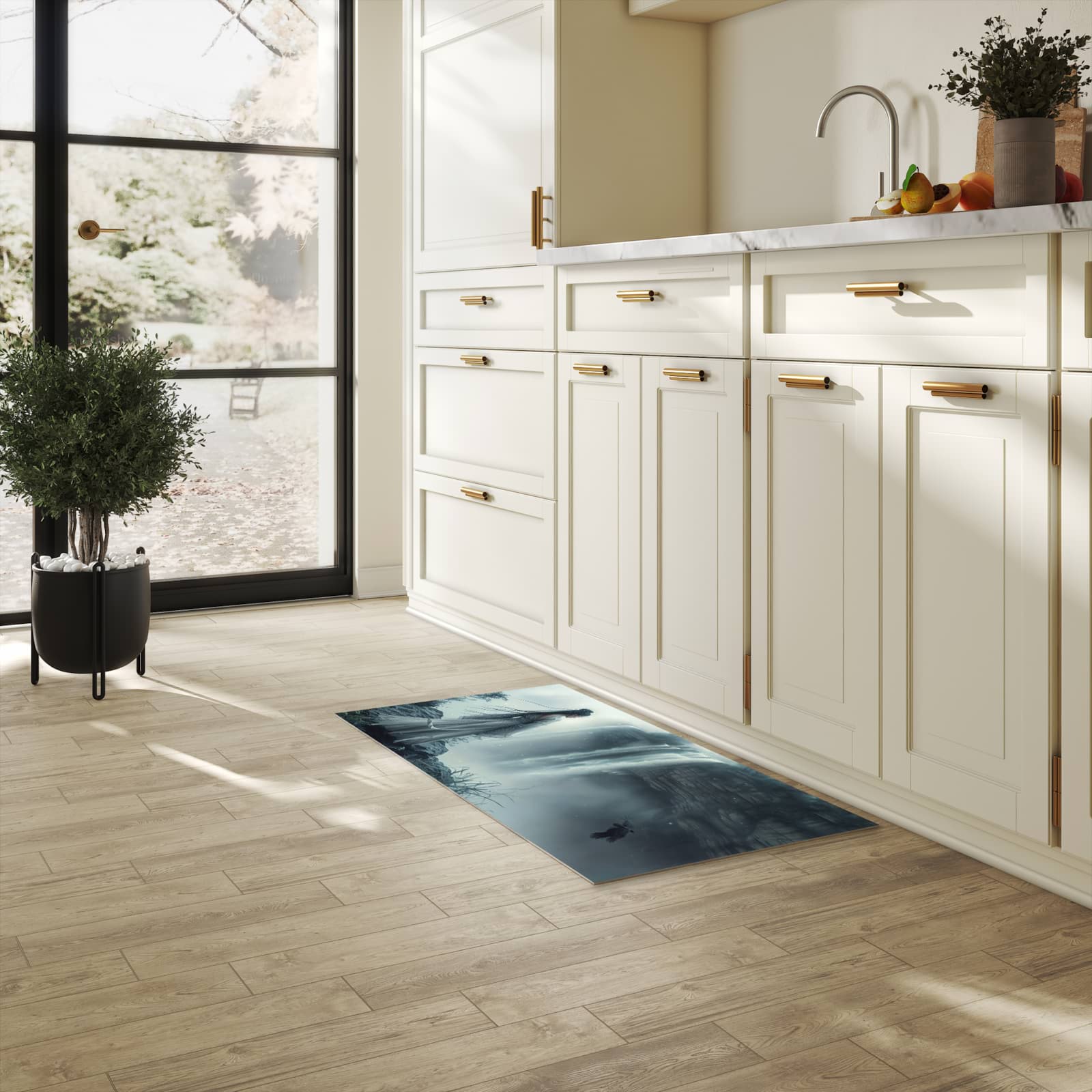 Komfortabler Teppich fürs Esszimmer mit Motiv Frau Am Wasserfall in heller Küche, waschbar