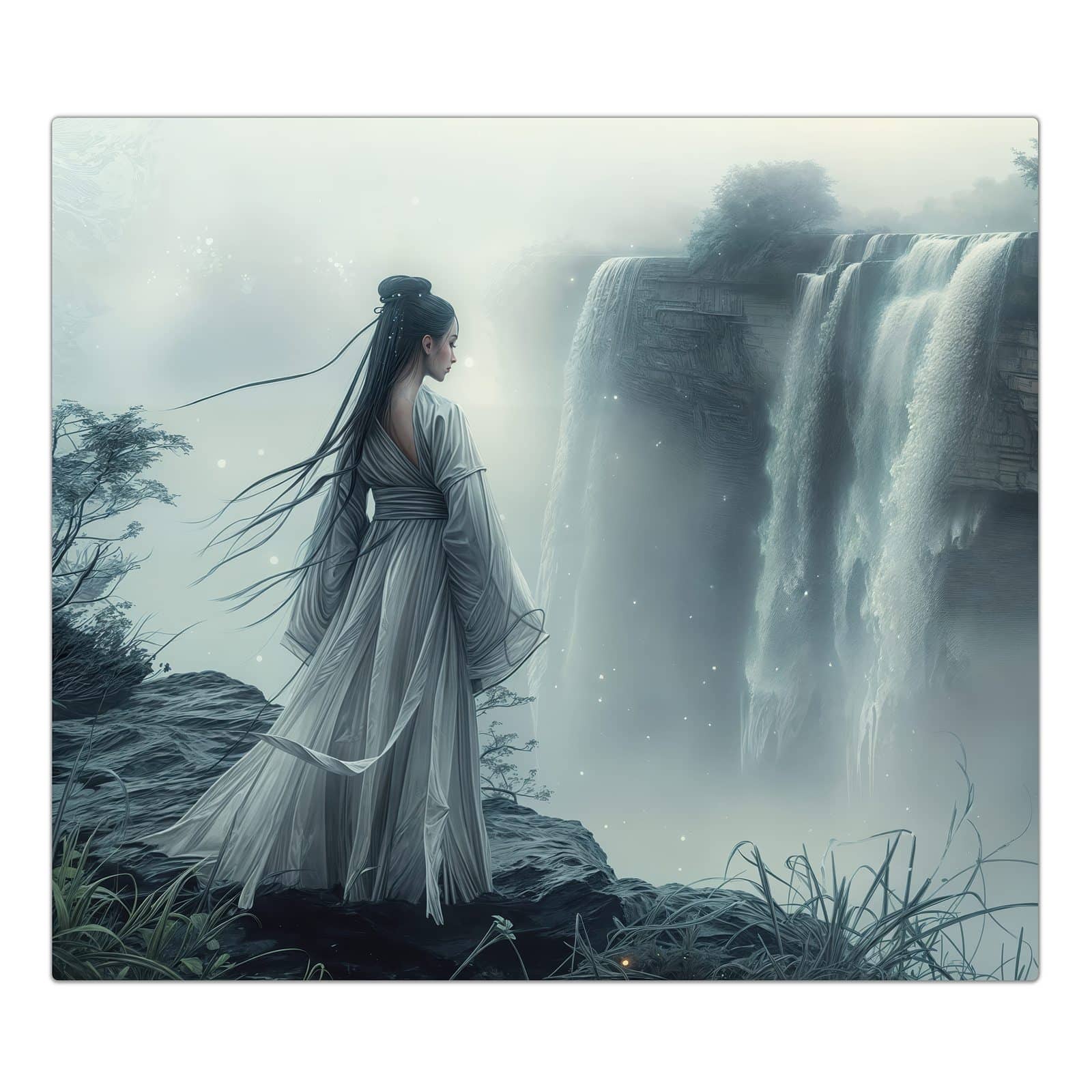 1-teilige Herdabdeckplatten für Ceranfeld mit Frau Am Wasserfall-Motiv in der Frontansicht #grösse_1-Teilig (60x52cm)