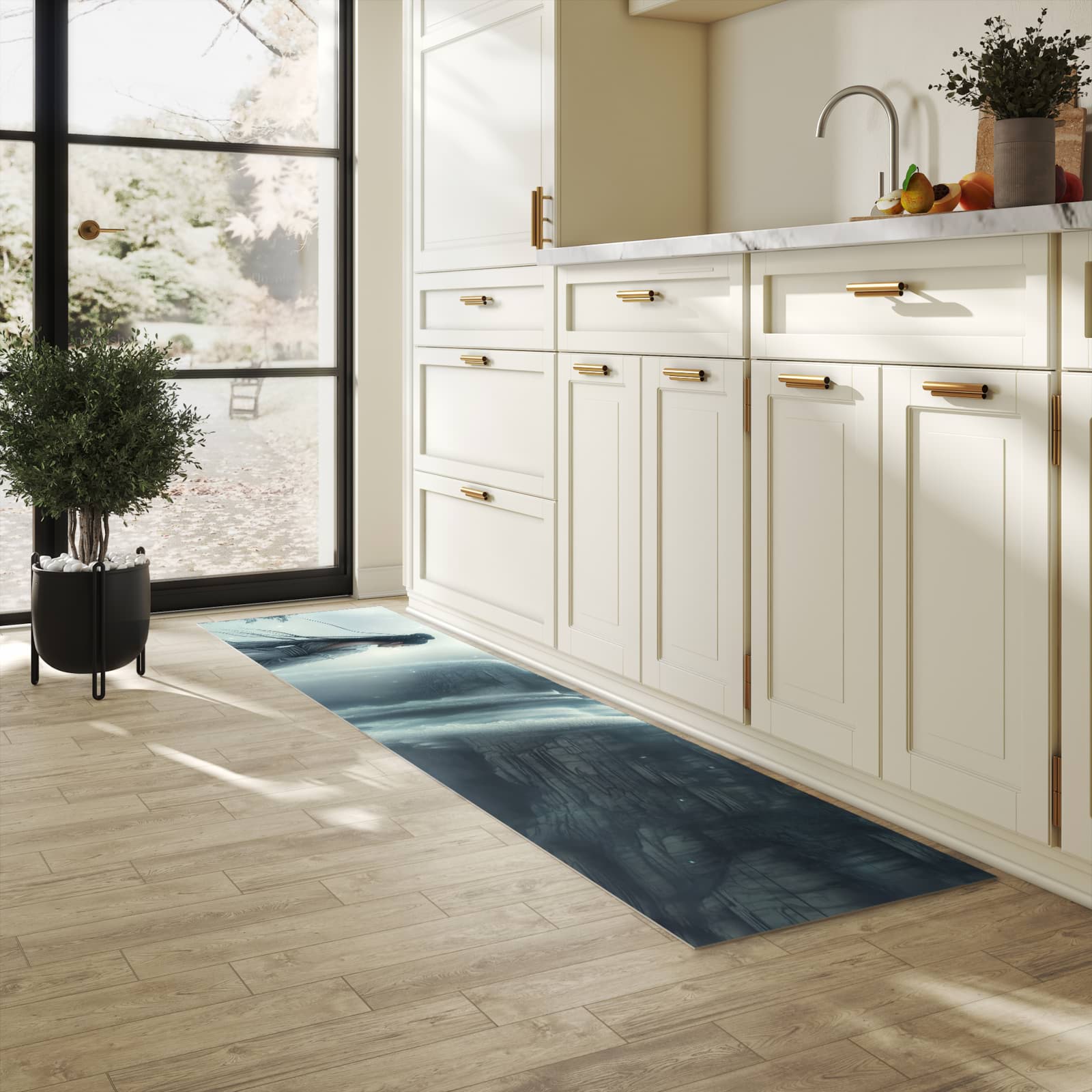 Hygienischer Bodenläufer Teppich mit Motiv Frau Am Wasserfall in heller Küche