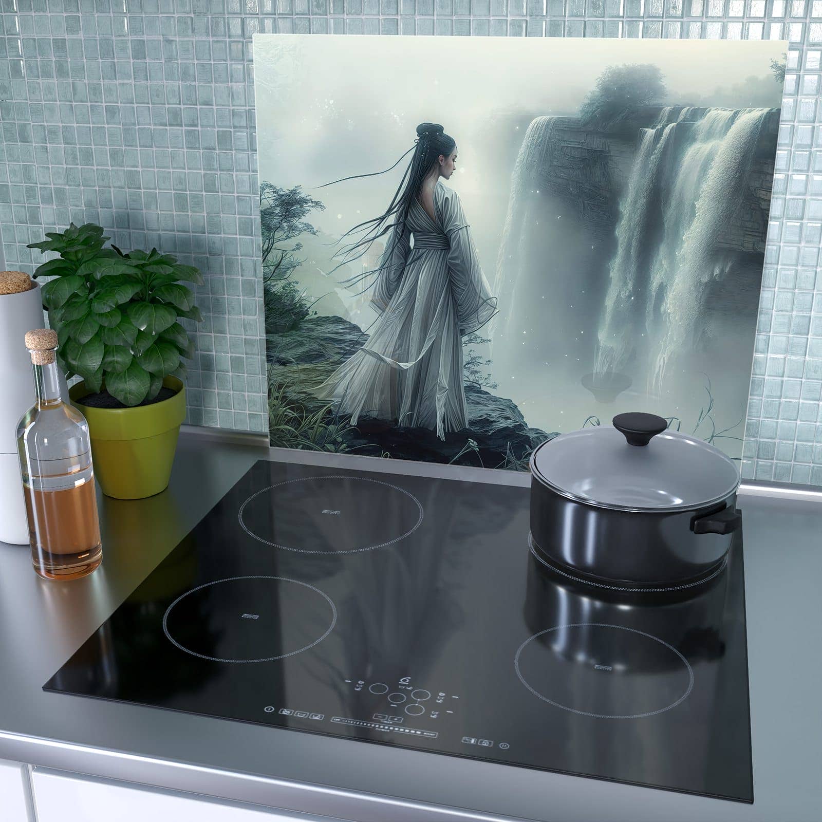 1-teilige Glasabdeckplatte für Ceranfeld mit Frau Am Wasserfall-Motiv als Spritzschutz hinter dem Kochfeld