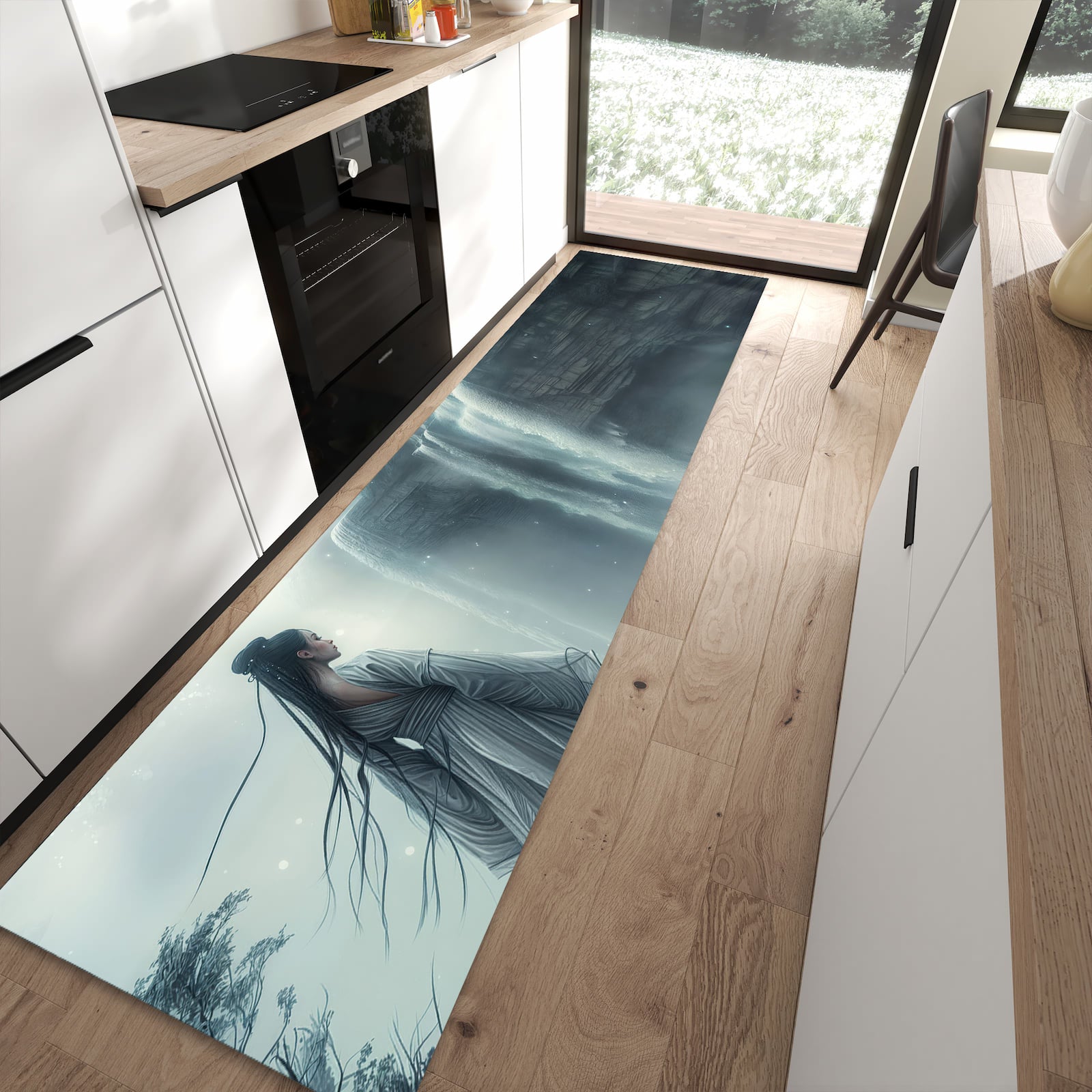 Langlebiger Küchenteppich mit Motiv Frau Am Wasserfall in moderner Küche