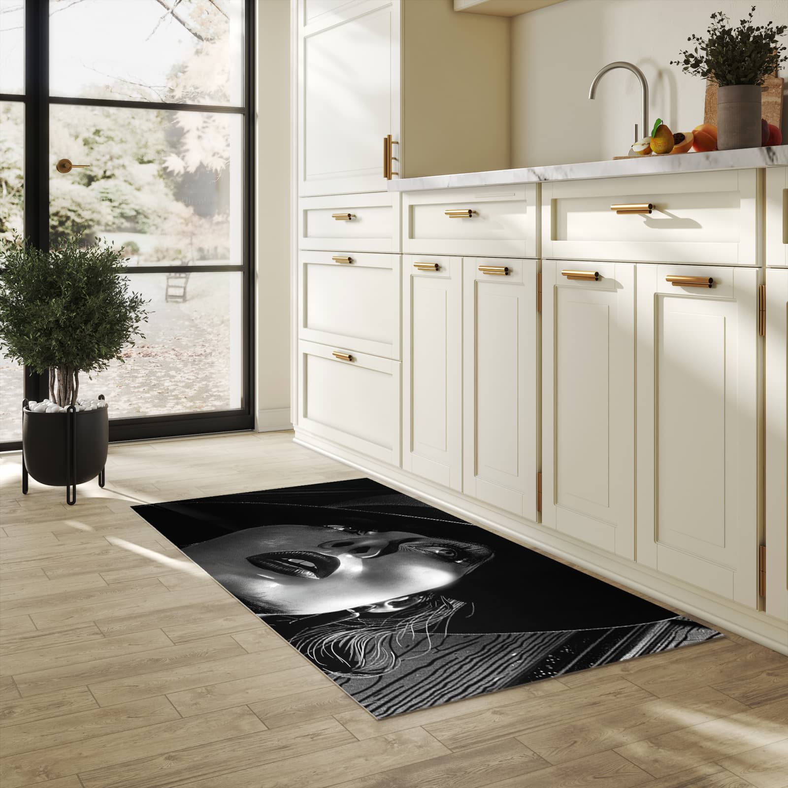 Flacher rutschfester Küchenteppich mit Motiv Schattenporträt in heller Küche