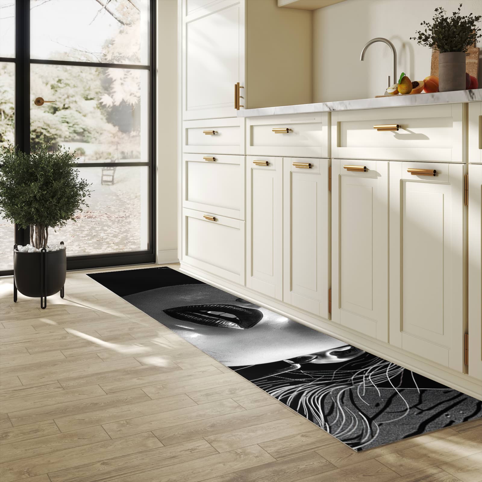 Waschbarer Küchenläufer mit Motiv Schattenporträt für Trittkomfort in heller Küche