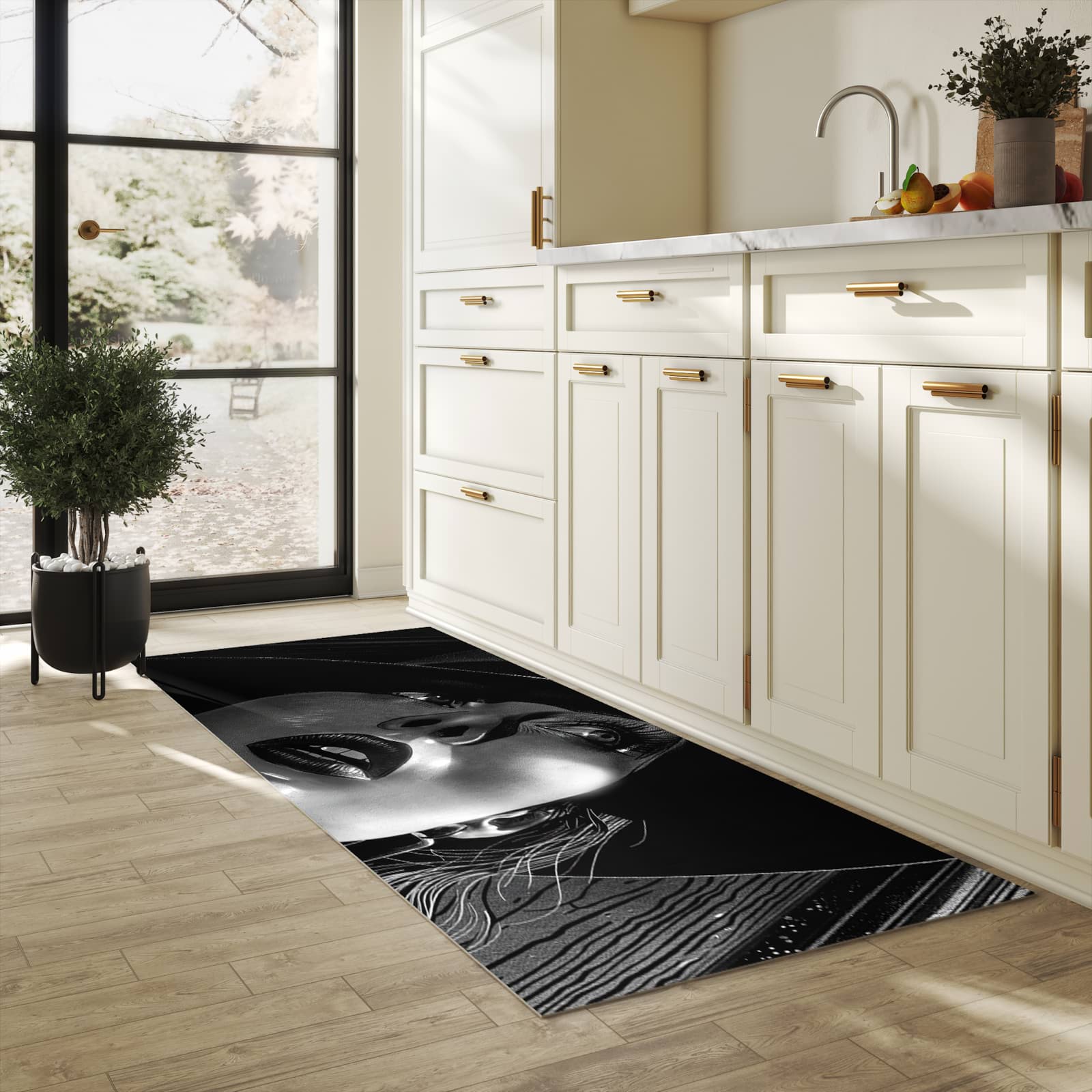 Pflegeleichter dünner Küchenteppich mit Motiv Schattenporträt in heller Küche