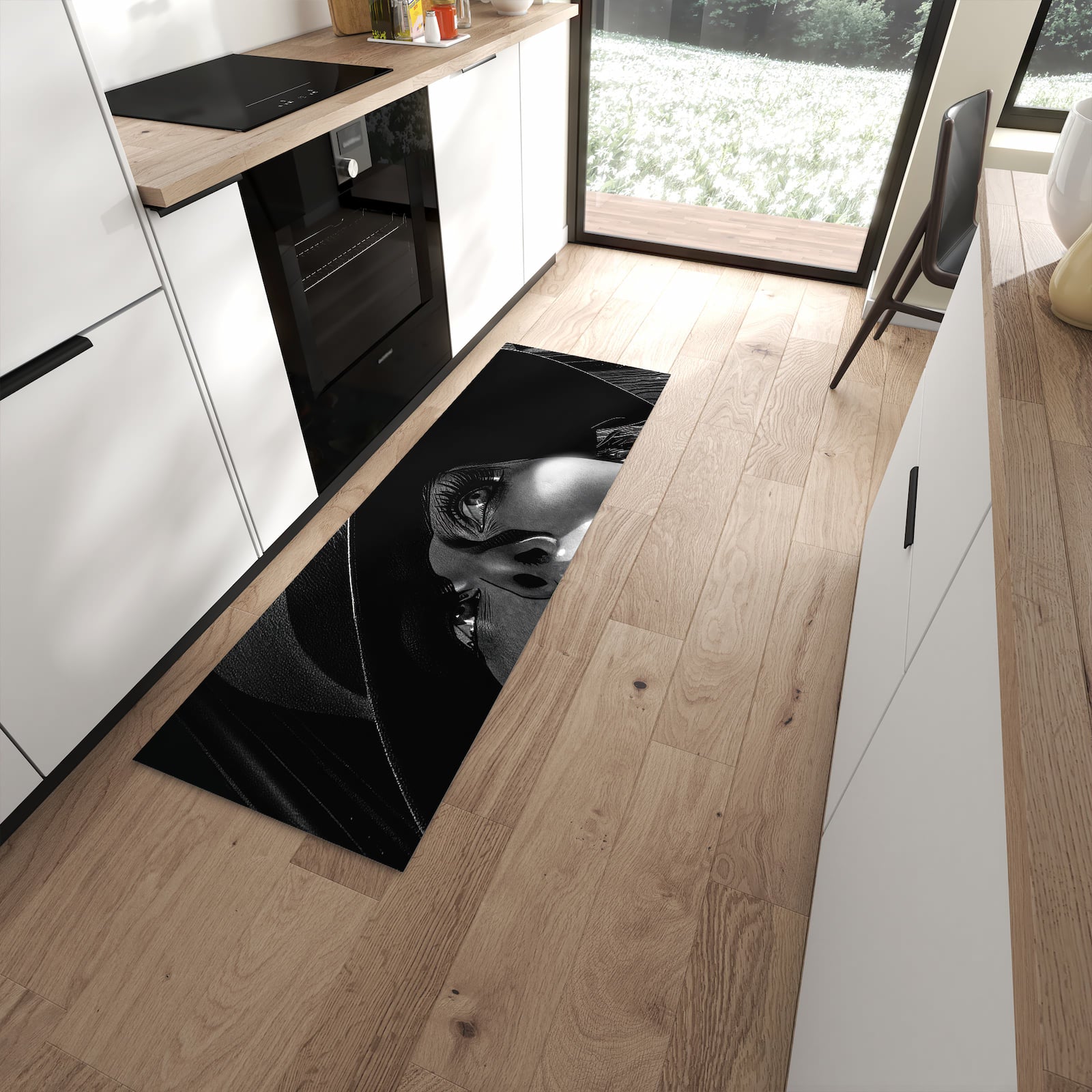 Hygienischer Läufer für die Küche mit Motiv Schattenporträt in moderner Küche