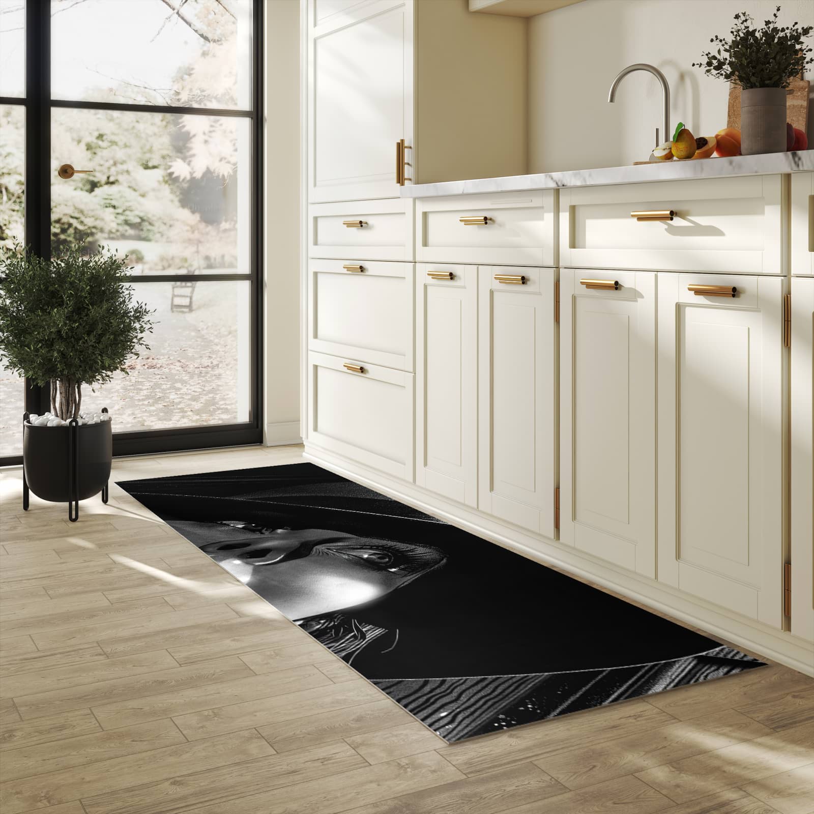Schmutzabweisender Läufer mit Motiv Schattenporträt für Eingangsbereich in heller Küche