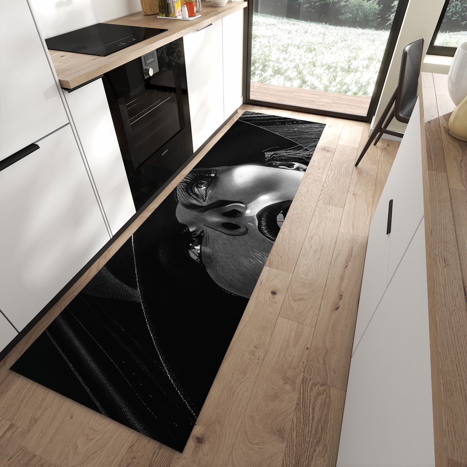 Ordnungsschaffender Teppichläufer mit Motiv Schattenporträt in moderner Küche