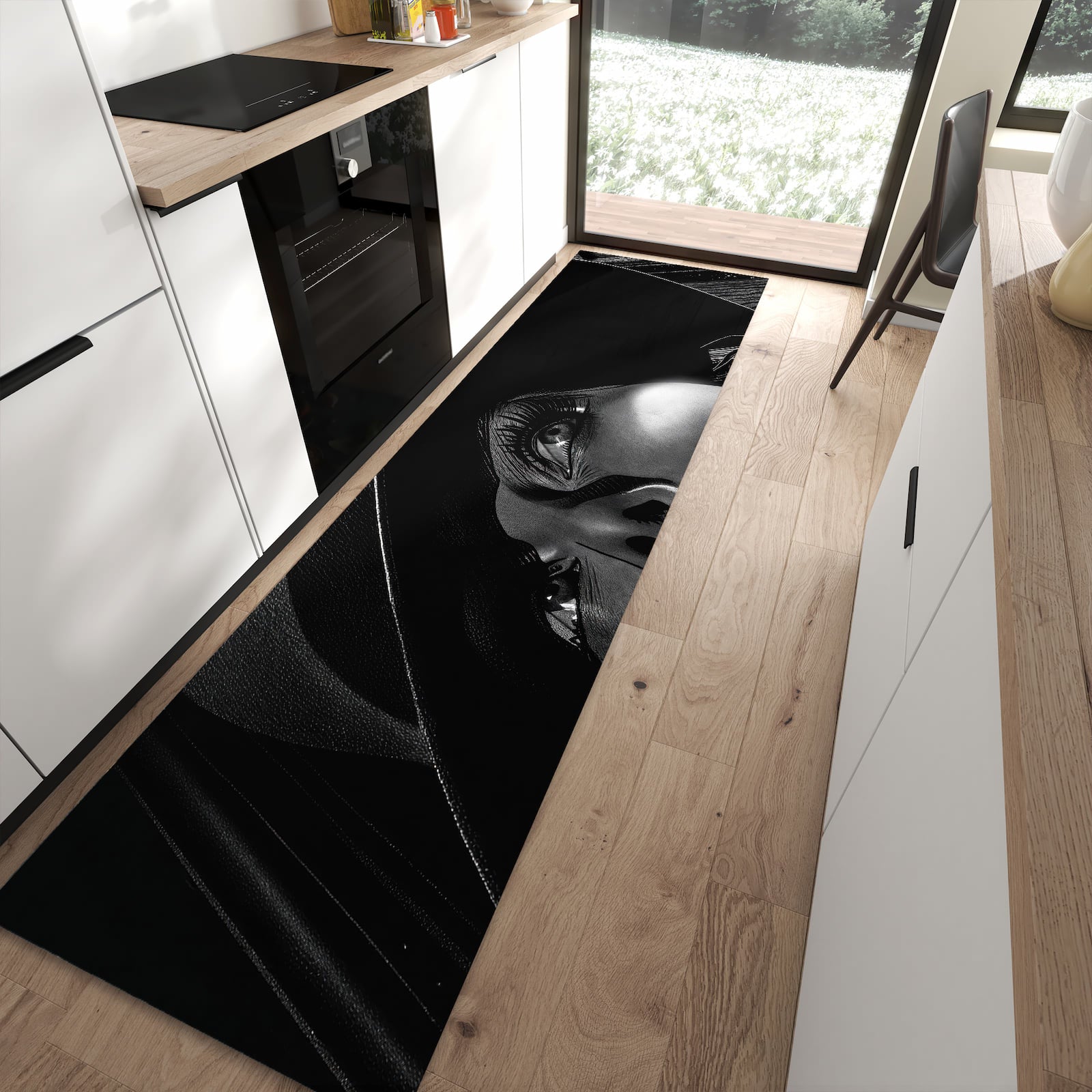 Bodenschonender waschbarer Küchenläufer mit Motiv Schattenporträt in moderner Küche