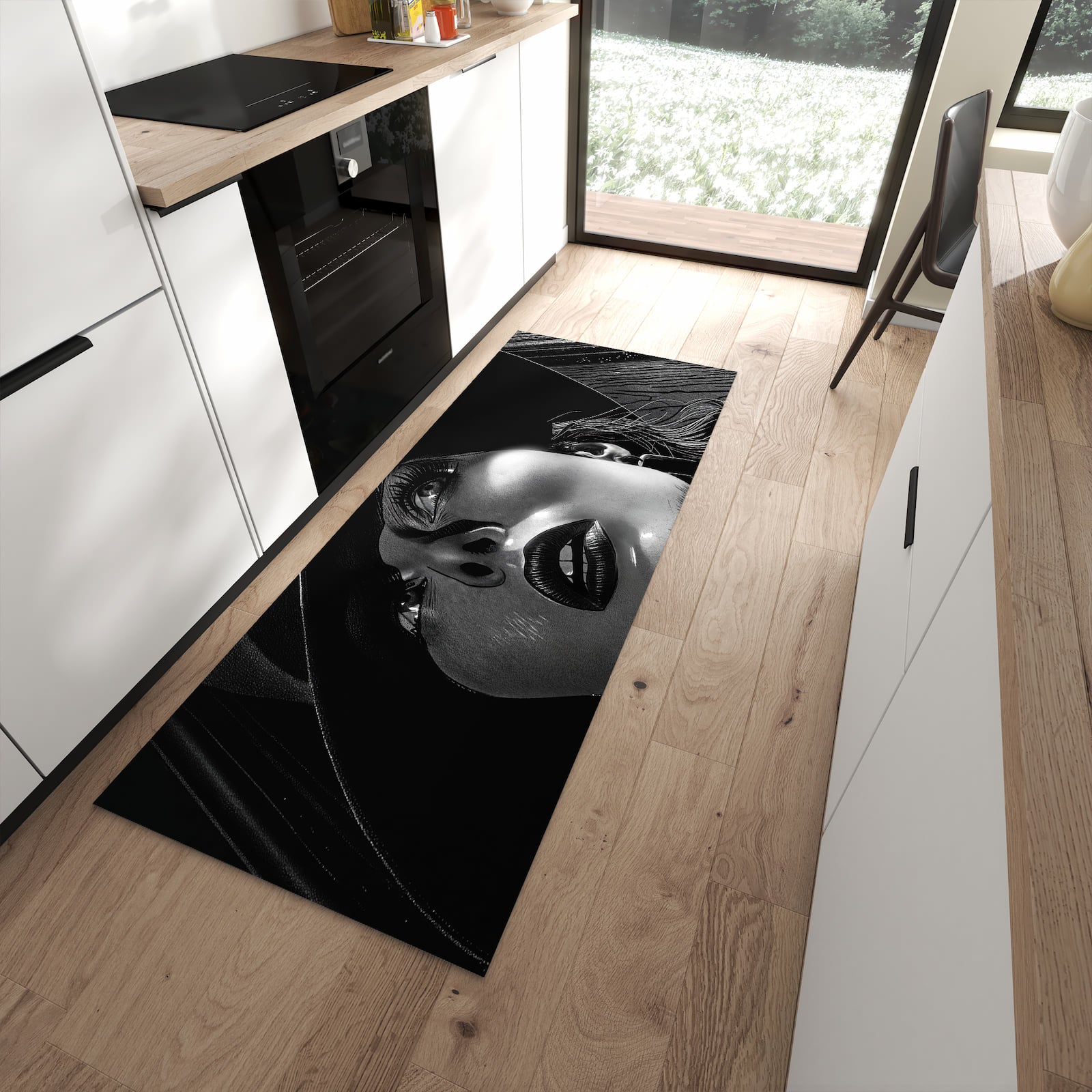 Feuchtigkeitsresistenter Küchenläufer mit Motiv Schattenporträt in moderner Küche