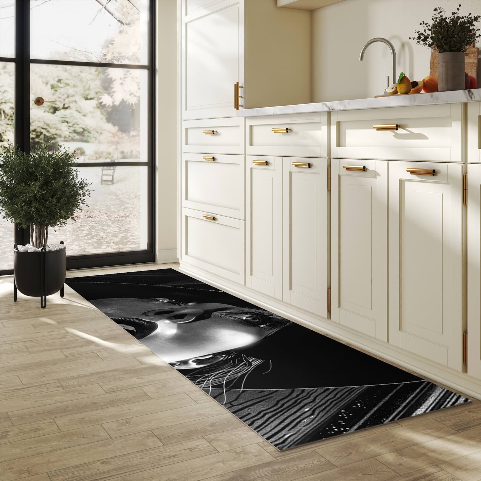 Geruchsneutraler rutschfester Läufer mit Motiv Schattenporträt in heller Küche