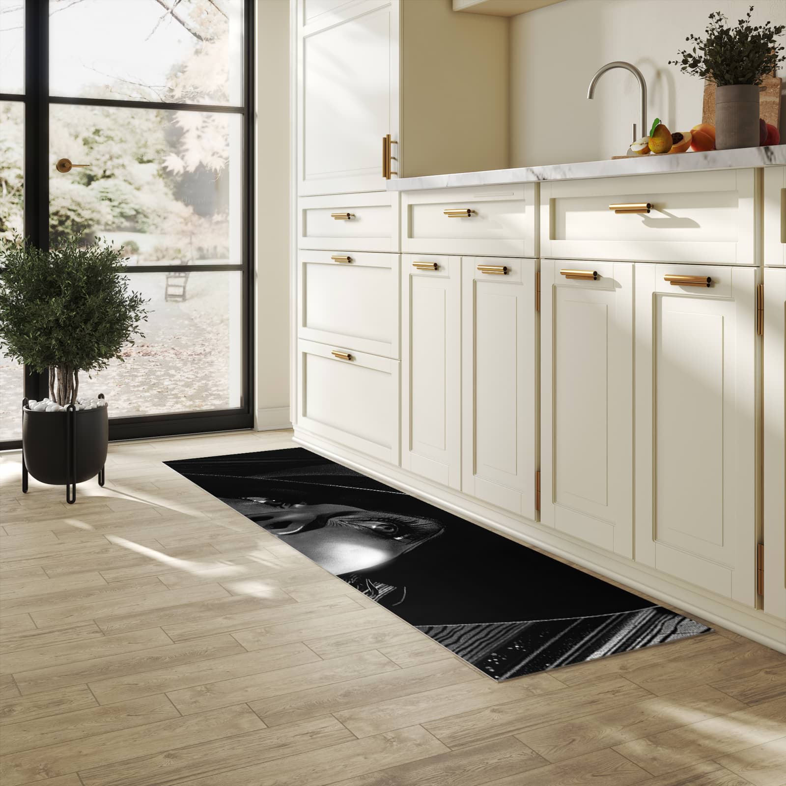 Abriebfester Küchenläufer mit Motiv Schattenporträt in heller Küche