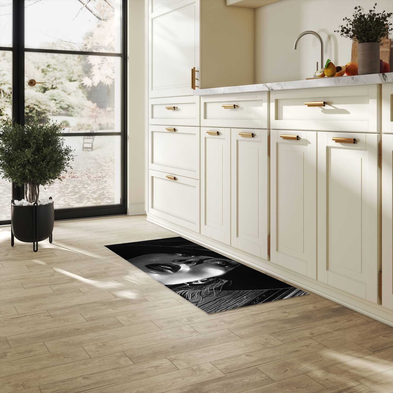 Zeitsparender waschbarer Küchenteppich mit Motiv Schattenporträt in heller Küche