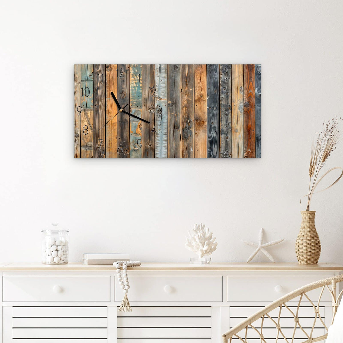 Wanduhr Holzwandpaneele aus Glas – Querformat 60 × 30 cm – Bunte Holzbretter mit Astlöchern