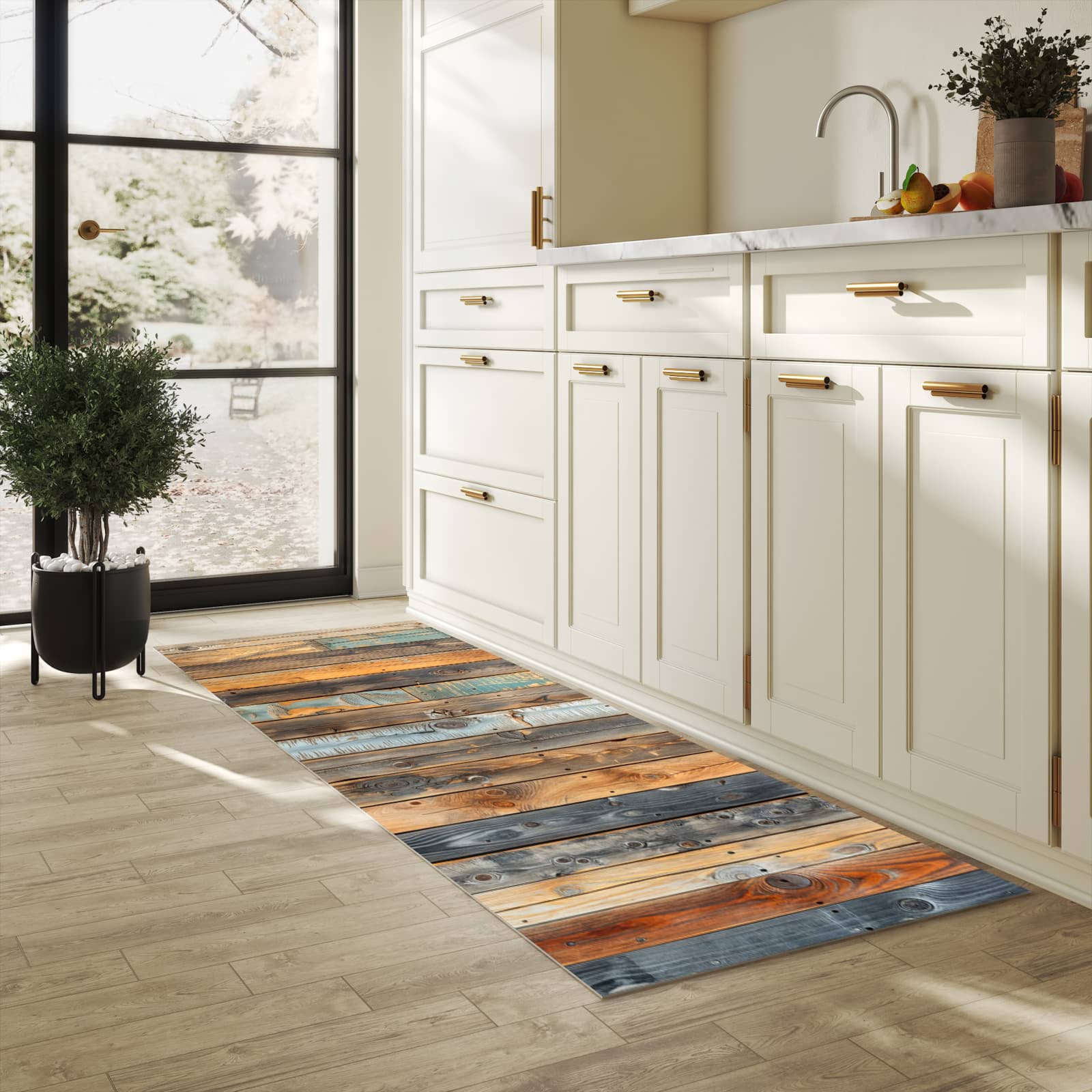 Bodenschonender Küchenteppich mit Motiv Holzwandpaneele in heller Küche