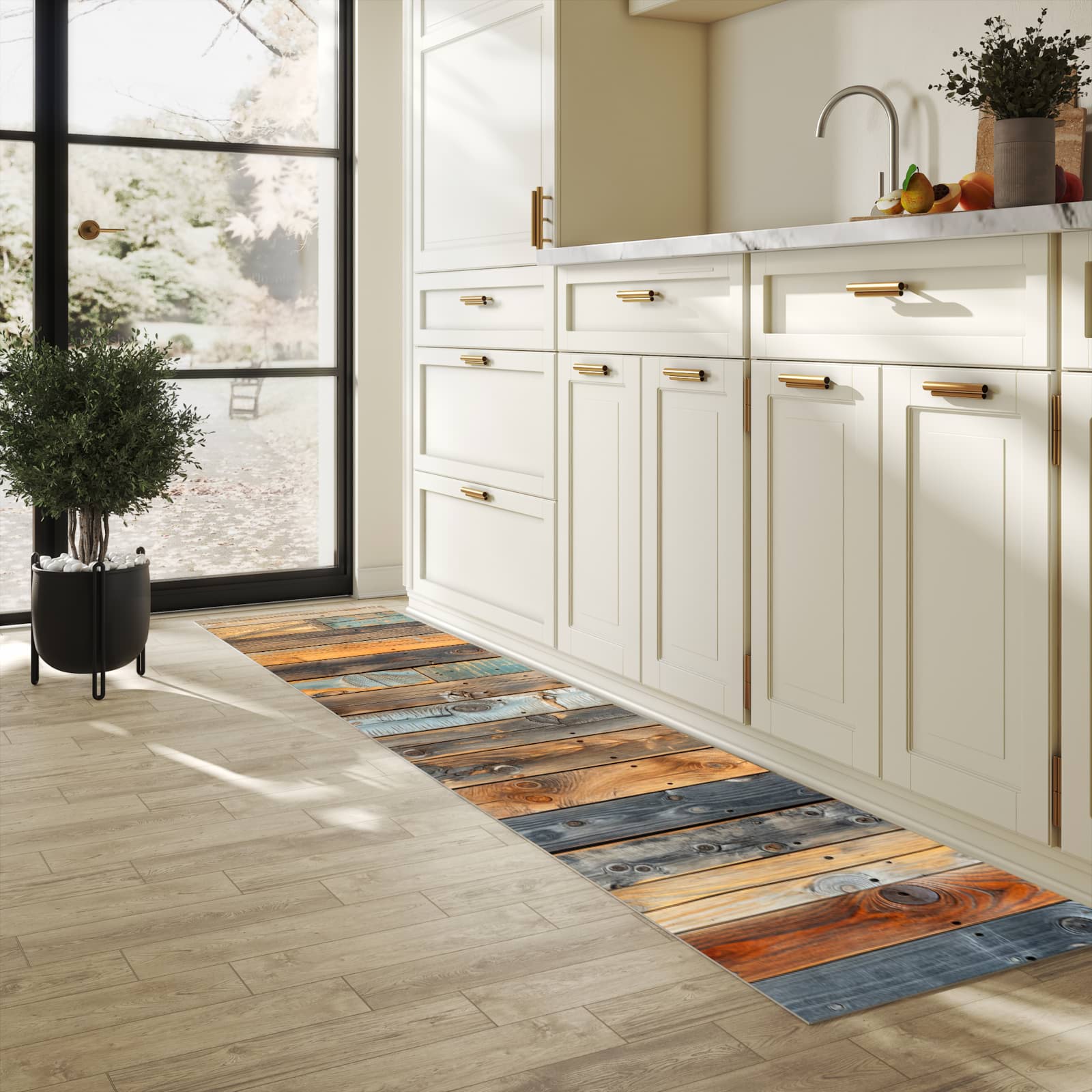 Langlebiger Teppich für die Küche mit Motiv Holzwandpaneele in heller Küche