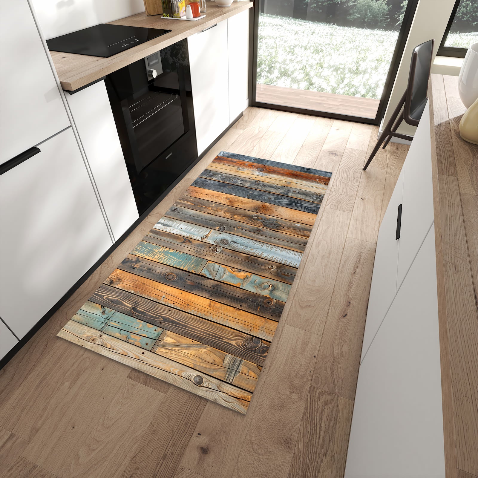 Komfortabler Küchenteppich mit Motiv Holzwandpaneele in moderner Küche