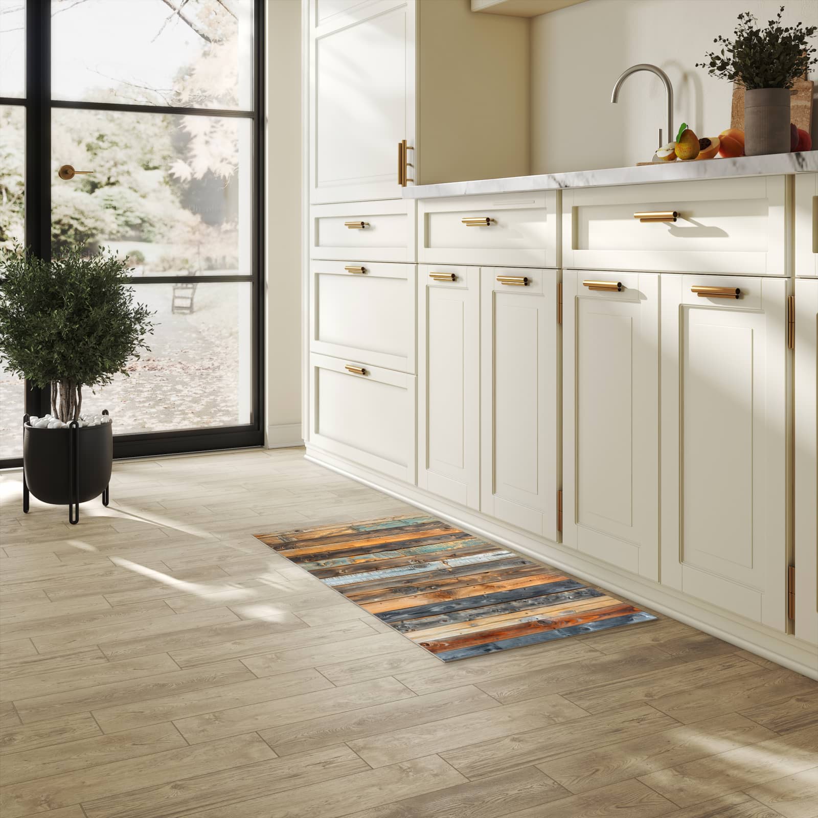 Abwaschbarer Küchenteppich mit Motiv Holzwandpaneele in heller Küche