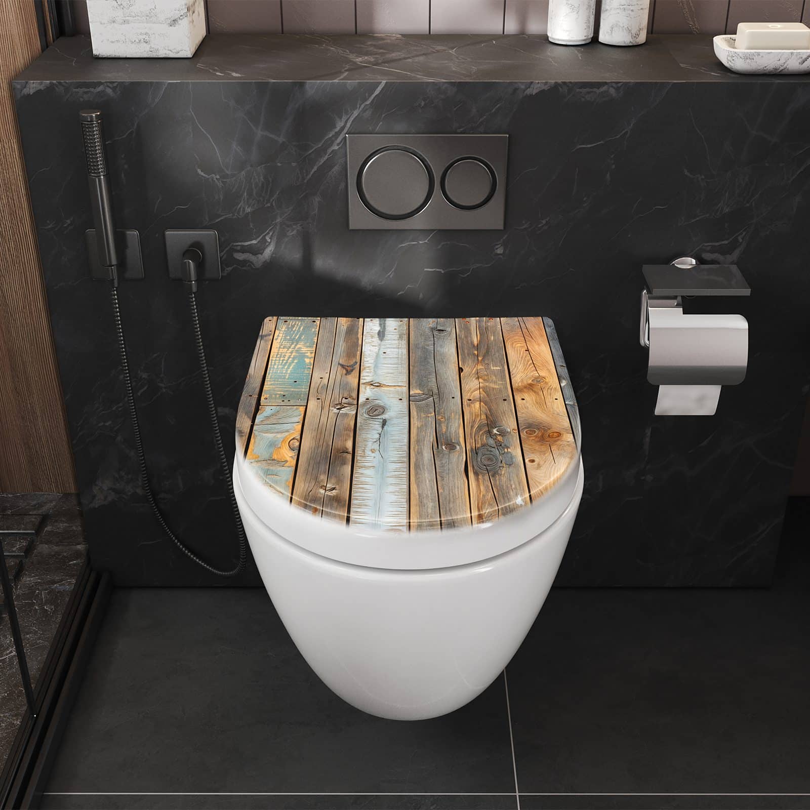 WC-Sitz mit Absenkautomatik Holzwandpaneele