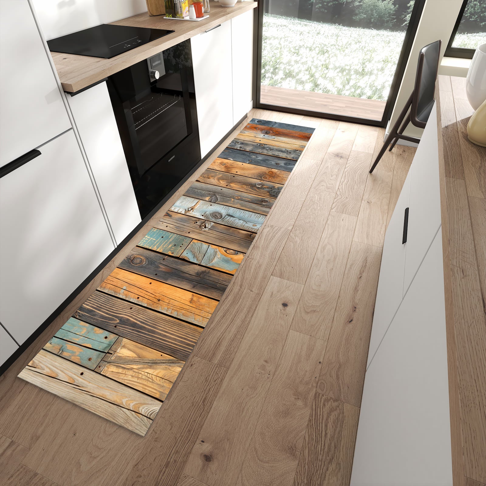 Wasserabweisender Küchenläufer mit Motiv Holzwandpaneele in moderner Küche