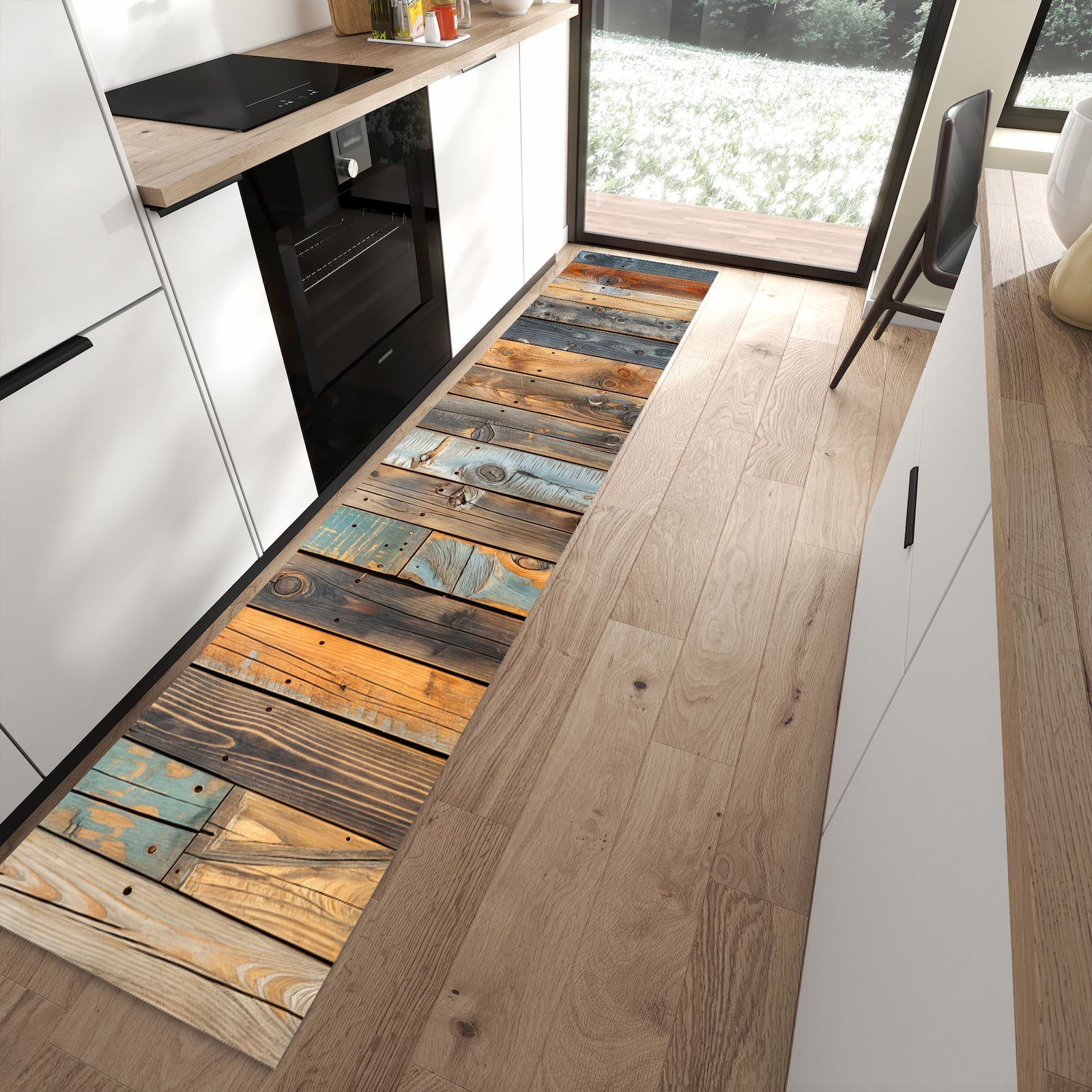 Fleckenresistenter abwaschbarer Küchenteppich mit Motiv Holzwandpaneele in moderner Küche