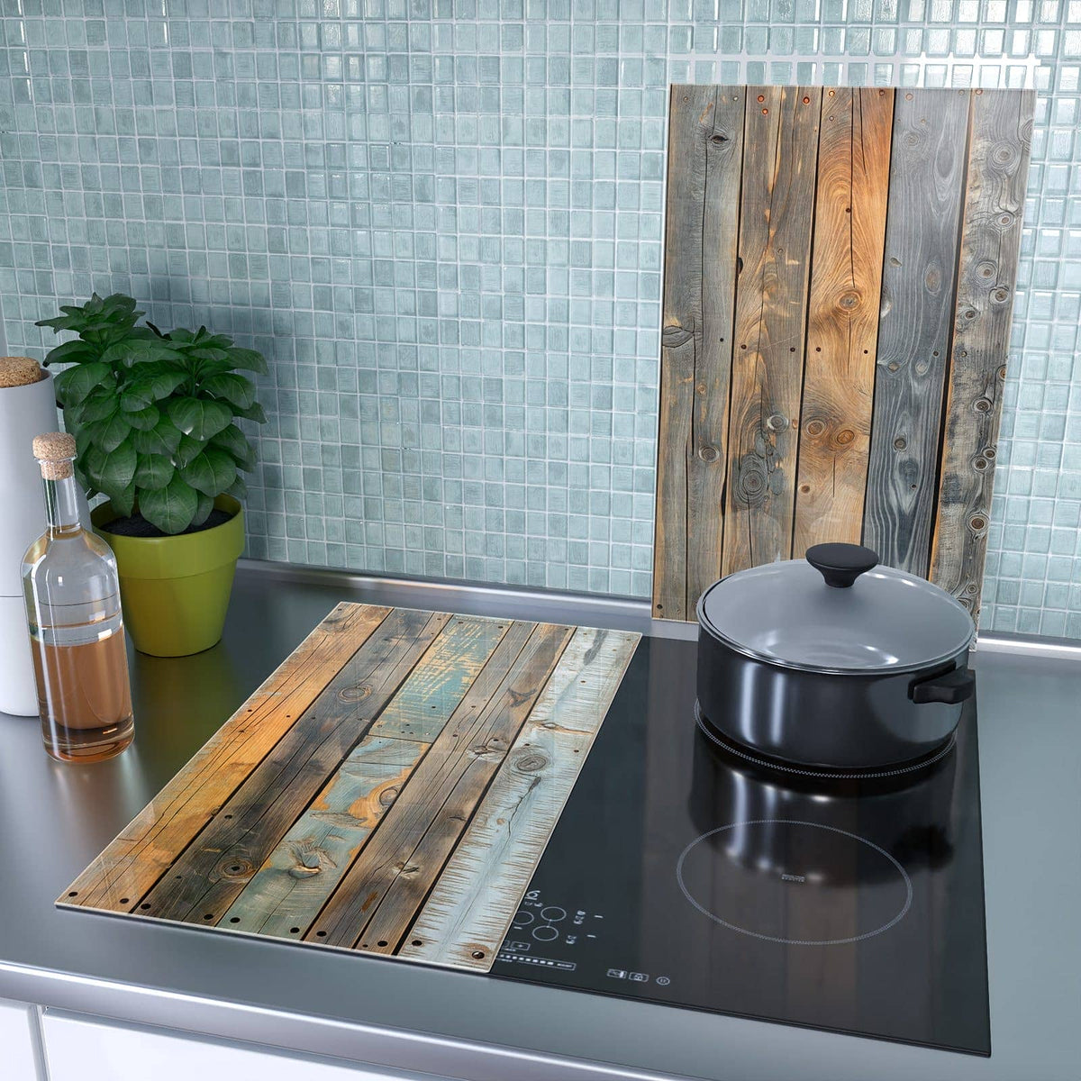 1-teilige Ceranfeld Abdeckungen mit Holzwandpaneele-Motiv als Spritzschutz hinter dem Kochfeld