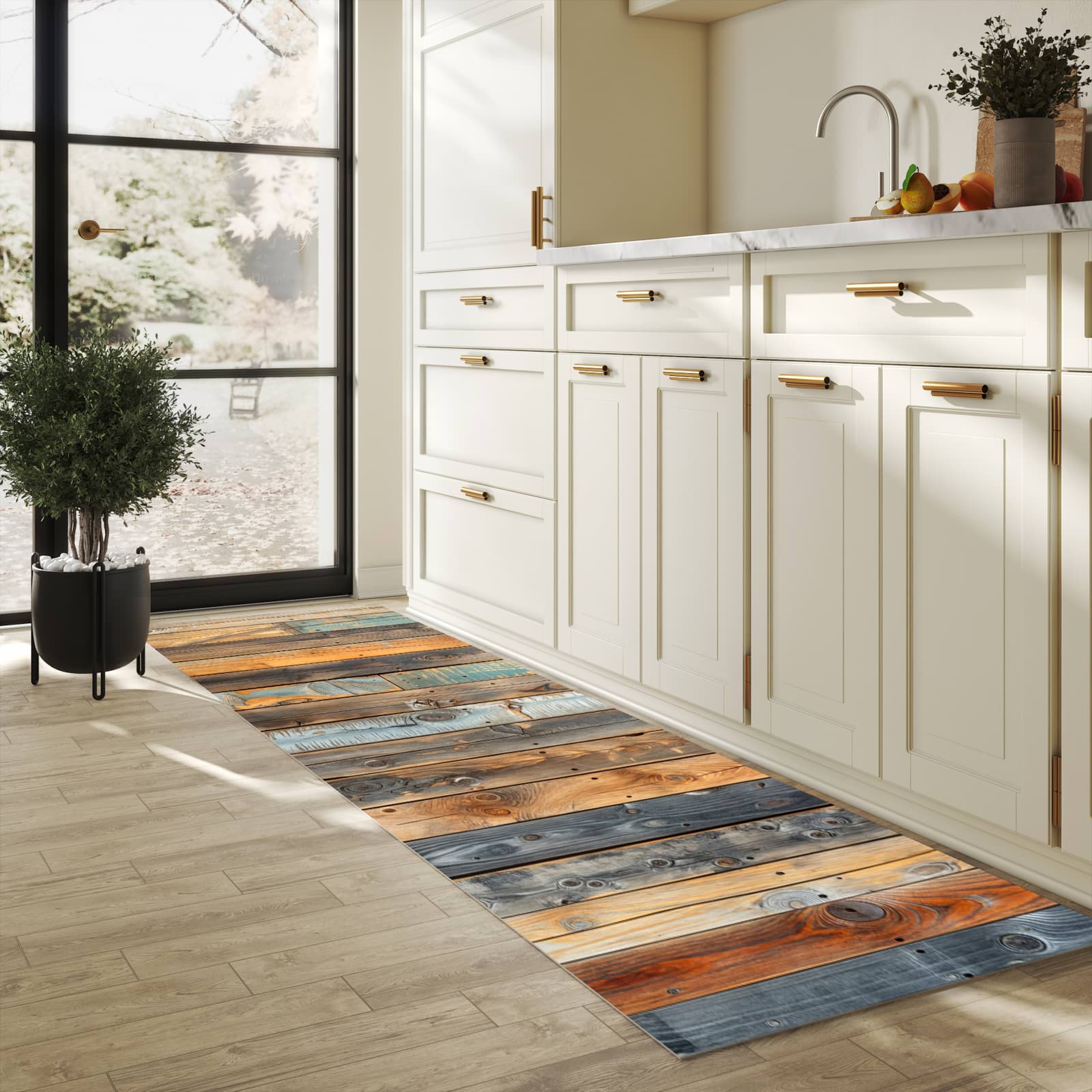 Bodenschonender Läufer für die Küche mit Motiv Holzwandpaneele in heller Küche