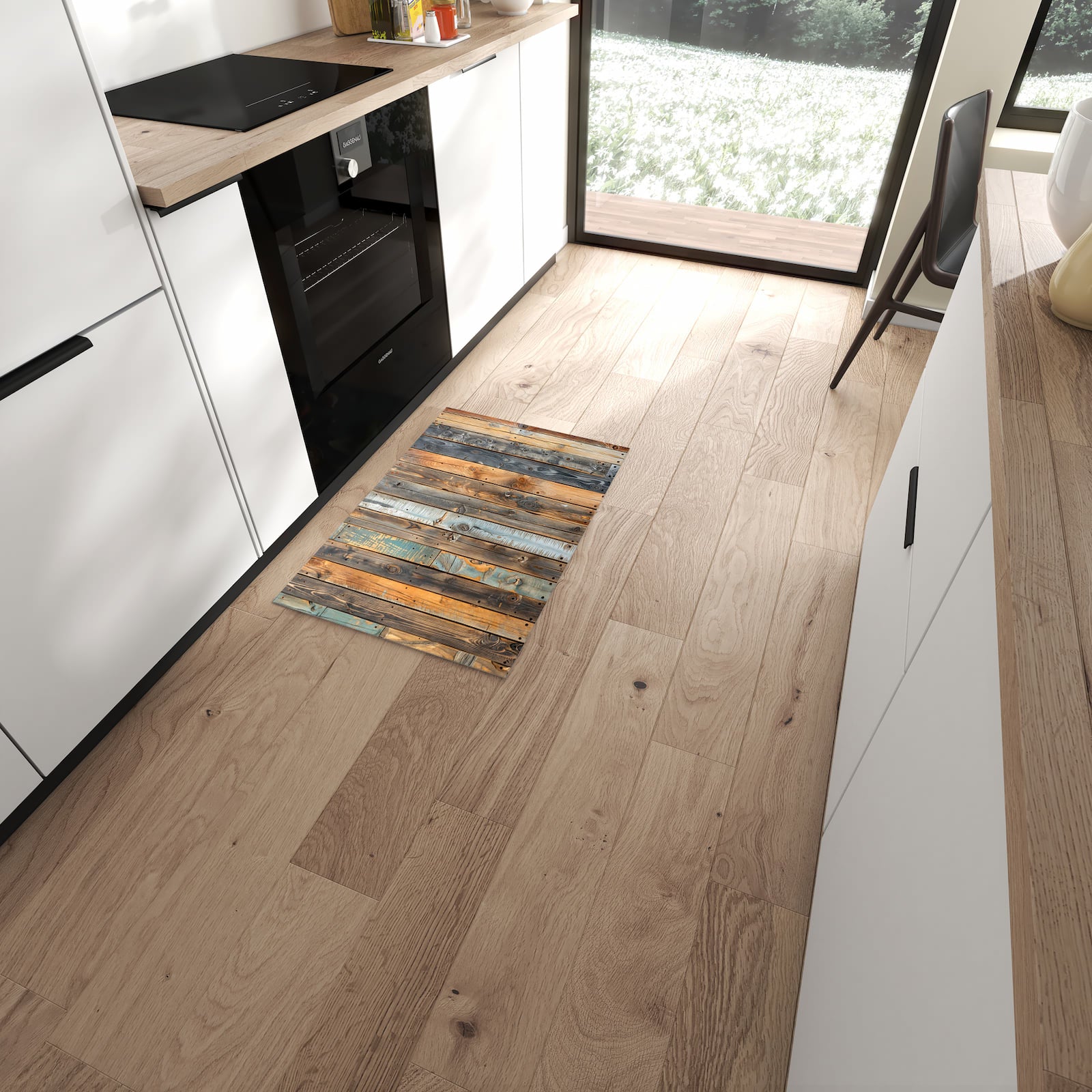 Schmutzabweisender Küchenläufer mit Motiv Holzwandpaneele in moderner Küche