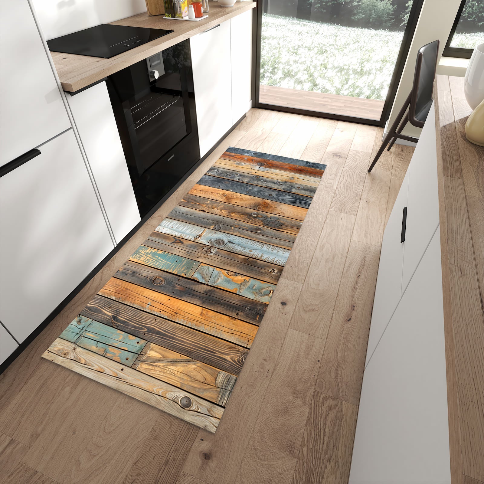 Geruchsneutraler Küchenteppich mit Motiv Holzwandpaneele in moderner Küche