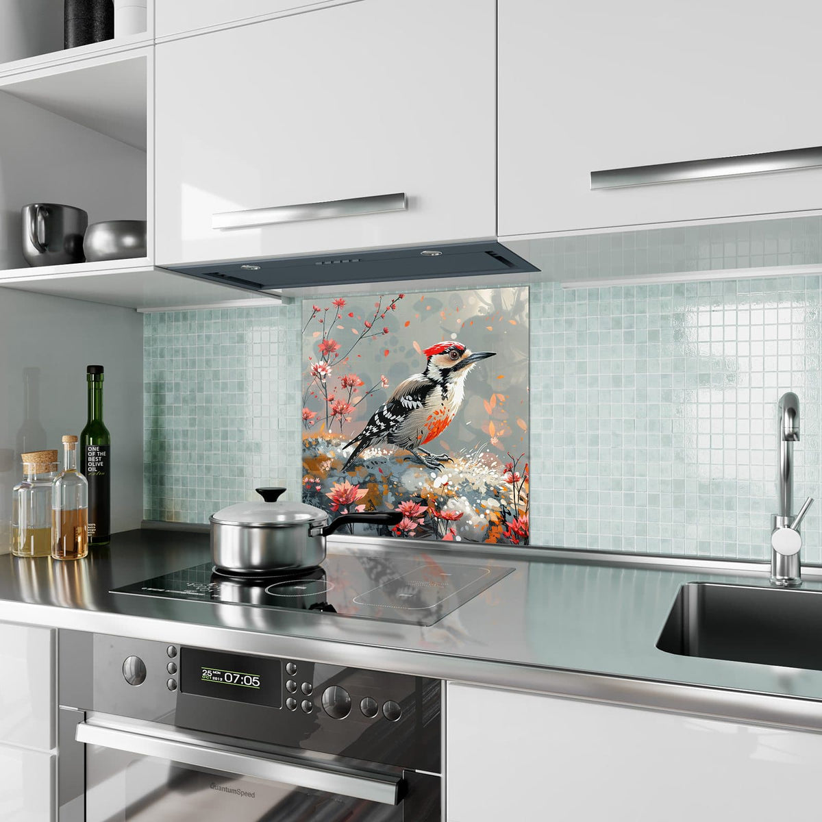 Küchenrückwand Specht zwischen Blumen aus Glas – Buntspecht zwischen roten Blüten