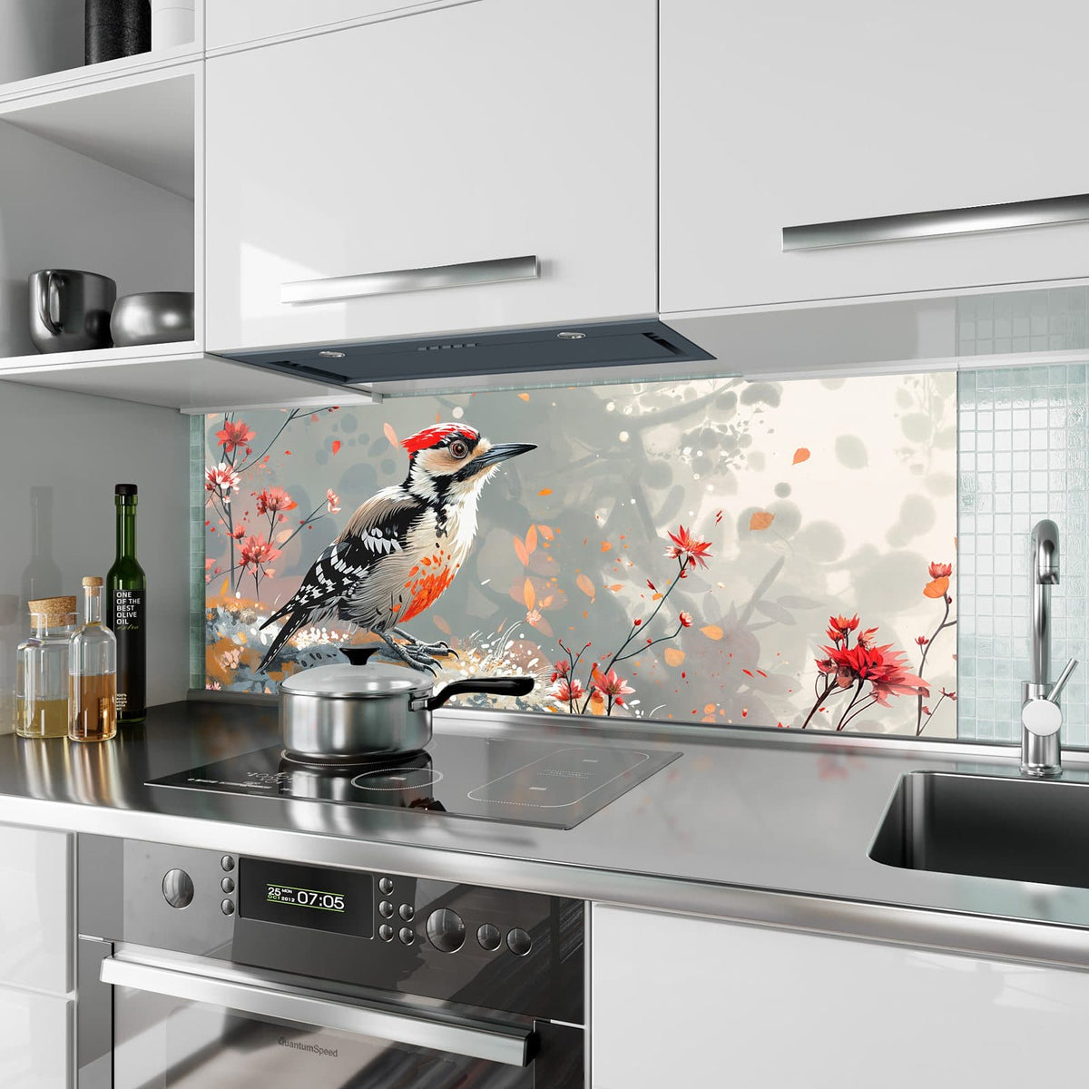 Küchenrückwand aus Glas Specht zwischen Blumen im Hochformat als Spritzschutz hinter dem Kochfeld, über dem Fliesenspiegel montiert