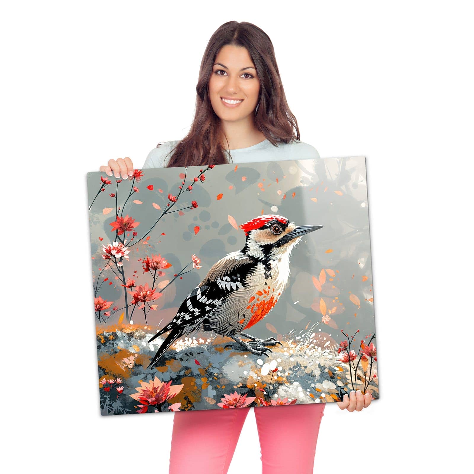 Abdeckung für Herdplatten mit Specht zwischen Blumen-Motiv wird zur Größendarstellung gehalten