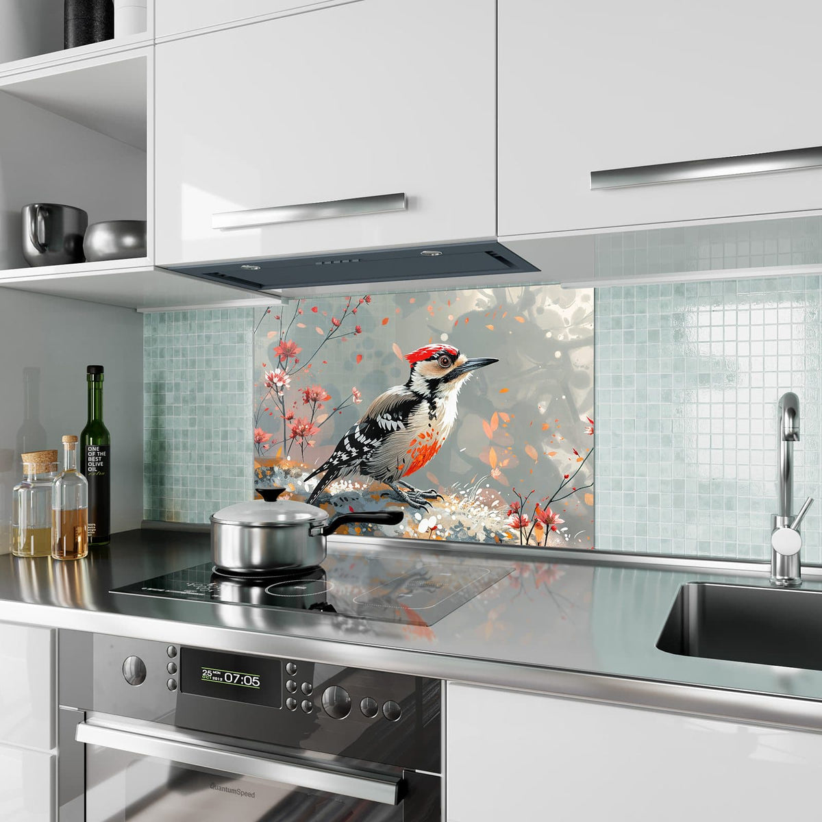 Küchenrückwand aus Glas Specht zwischen Blumen im Hochformat als Spritzschutz hinter dem Kochfeld, über dem Fliesenspiegel montiert