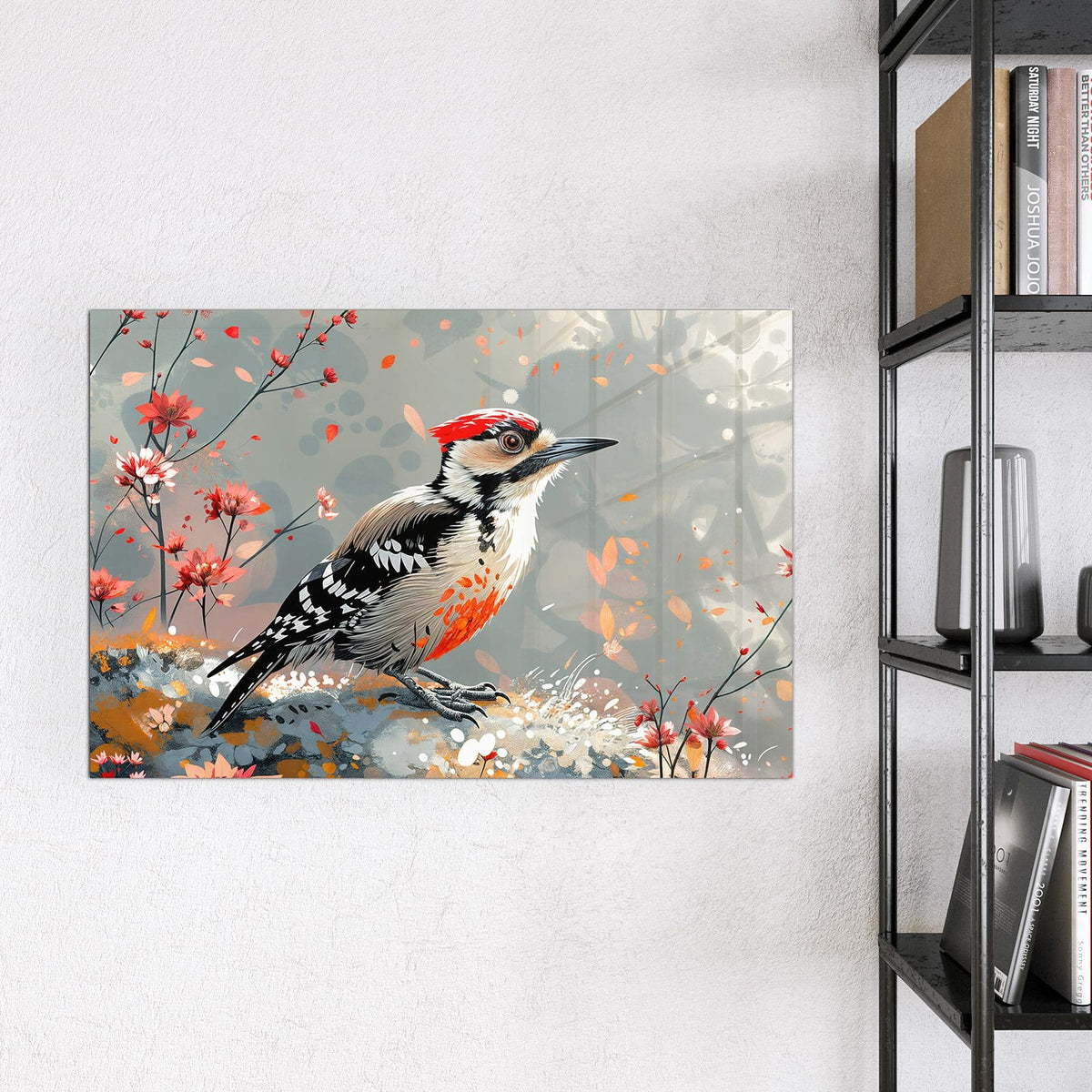 Magnettafel - Specht zwischen Blumen – Buntspecht zwischen roten Blüten