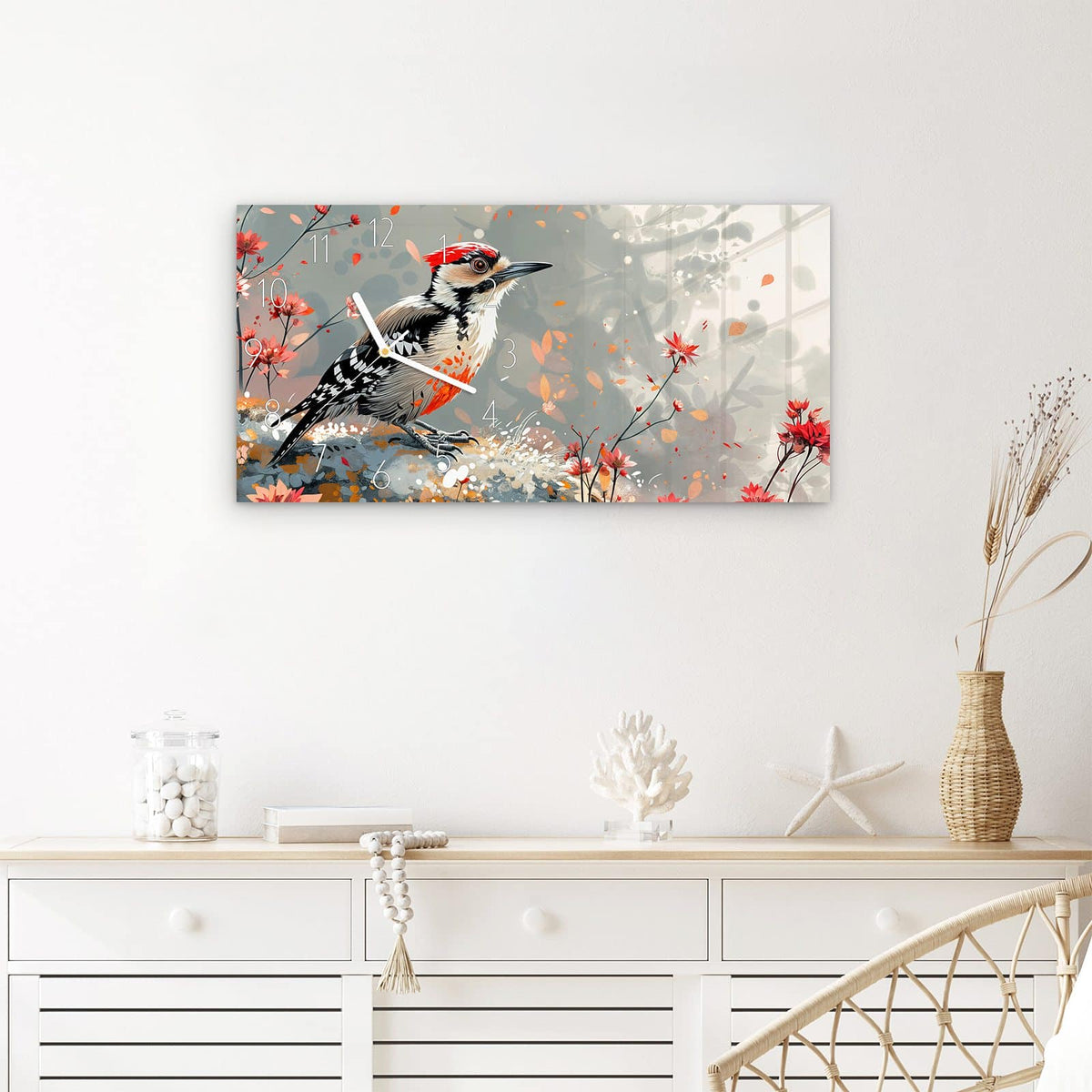 Wanduhr Specht zwischen Blumen aus Glas – Querformat 60 × 30 cm – Buntspecht zwischen roten Blüten