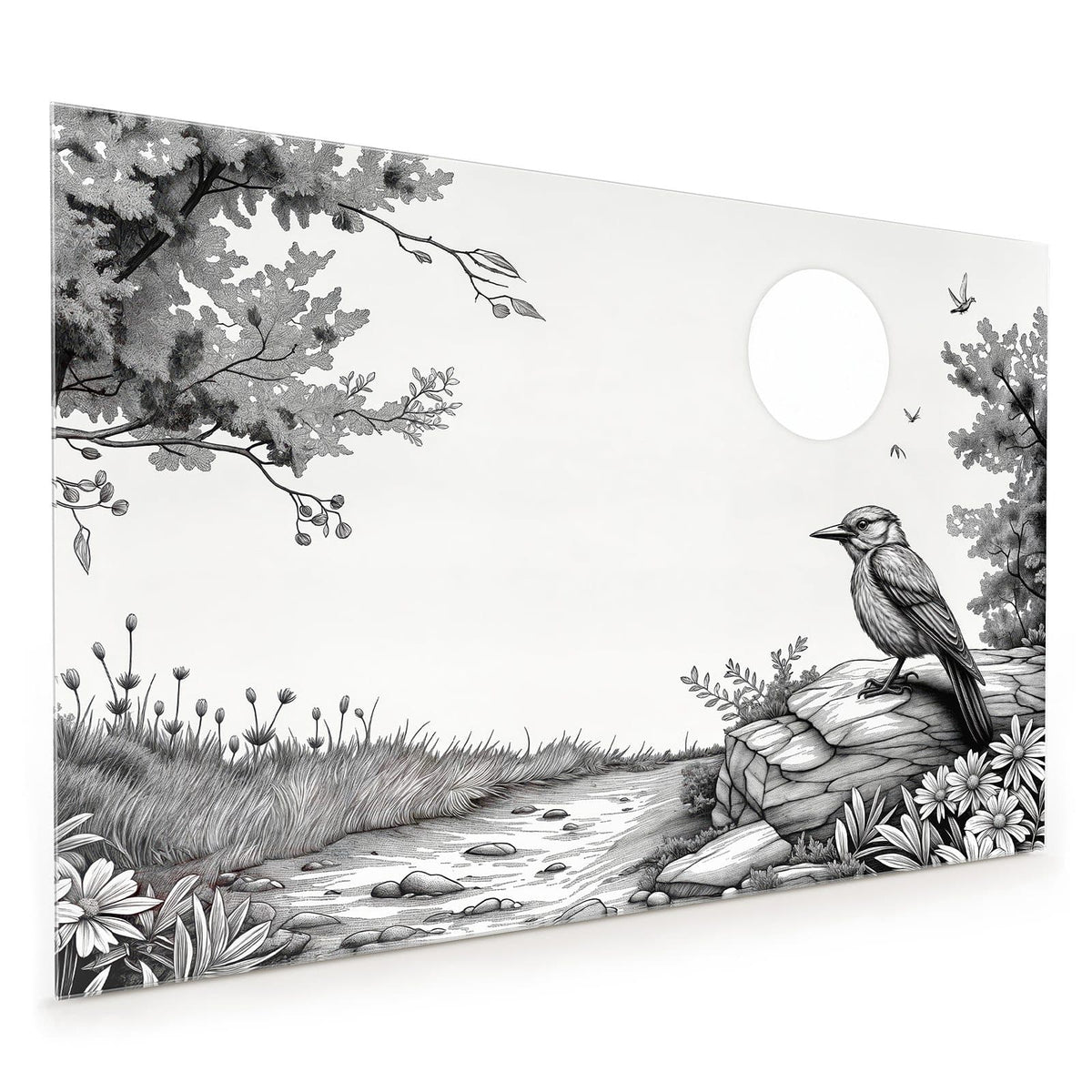 Küchenrückwand aus Glas im Hochformat: Feine Schwarz-Weiß-Zeichnung: Vogel auf einem Felsen, Margeriten, Strauch und weiße Sonnenscheibe