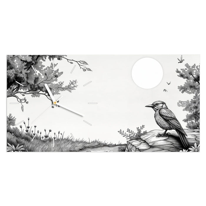 Wanduhr Natur Illustration aus Glas – Querformat 60 × 30 cm mit Ziffernblatt Linie