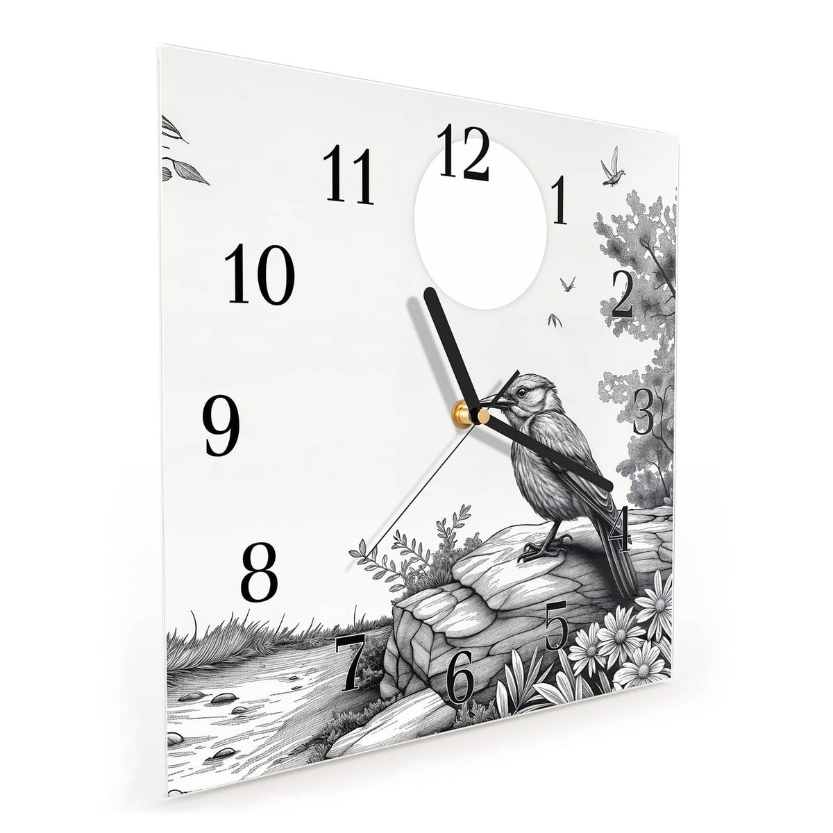 Quadratische Wanduhr aus Glas Vogel auf dem Felsen schräg von der Seite, 4 mm starkes Glas