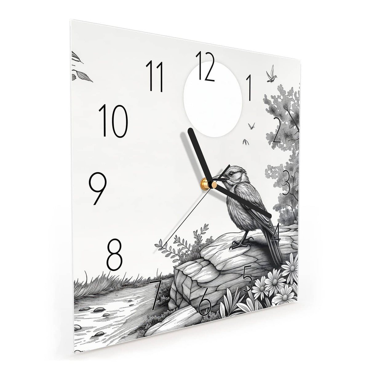 Quadratische Wanduhr aus Glas Vogel auf dem Felsen schräg von der Seite, 4 mm starkes Glas