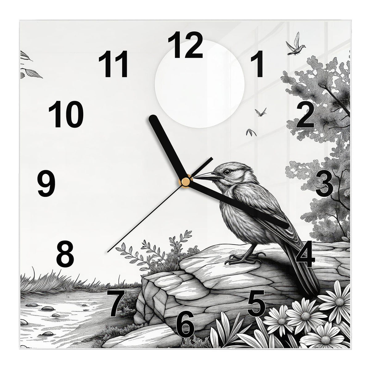 Wanduhr aus Glas, Ziffernblatt Modern: Feine Schwarz-Weiß-Zeichnung: Vogel auf einem Felsen, Margeriten, Strauch und weiße Sonnenscheibe