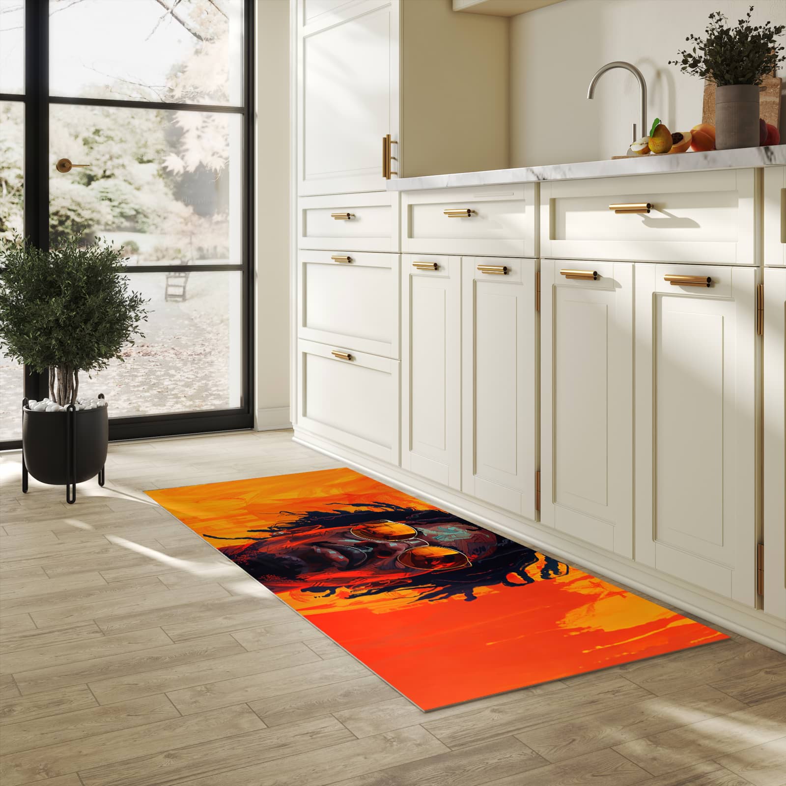 Flacher Läufer mit Motiv Künstlerischer Look für rutschfesten Halt in heller Küche