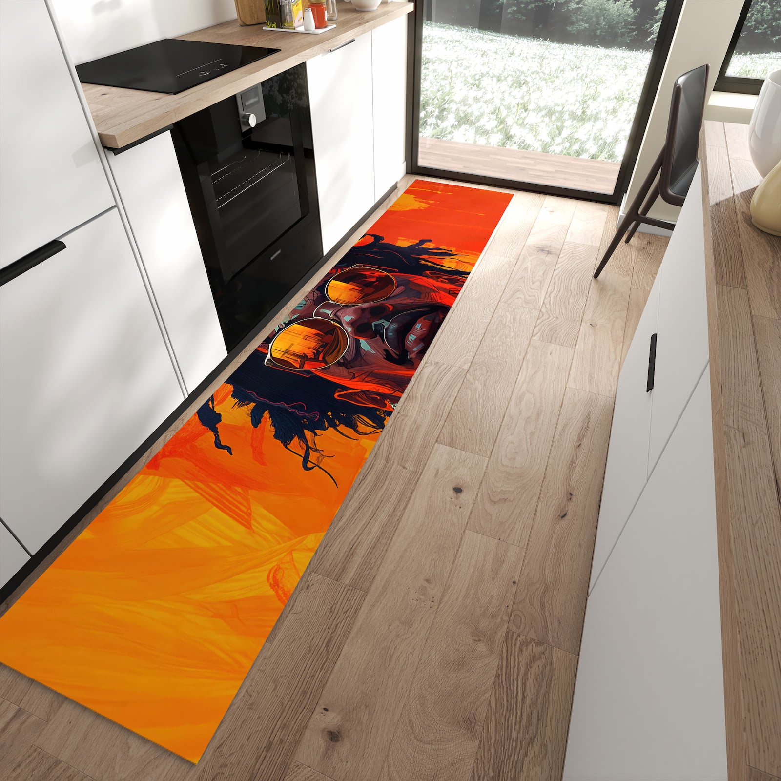 Ordnungsschaffender Küchenläufer mit Motiv Künstlerischer Look in moderner Küche