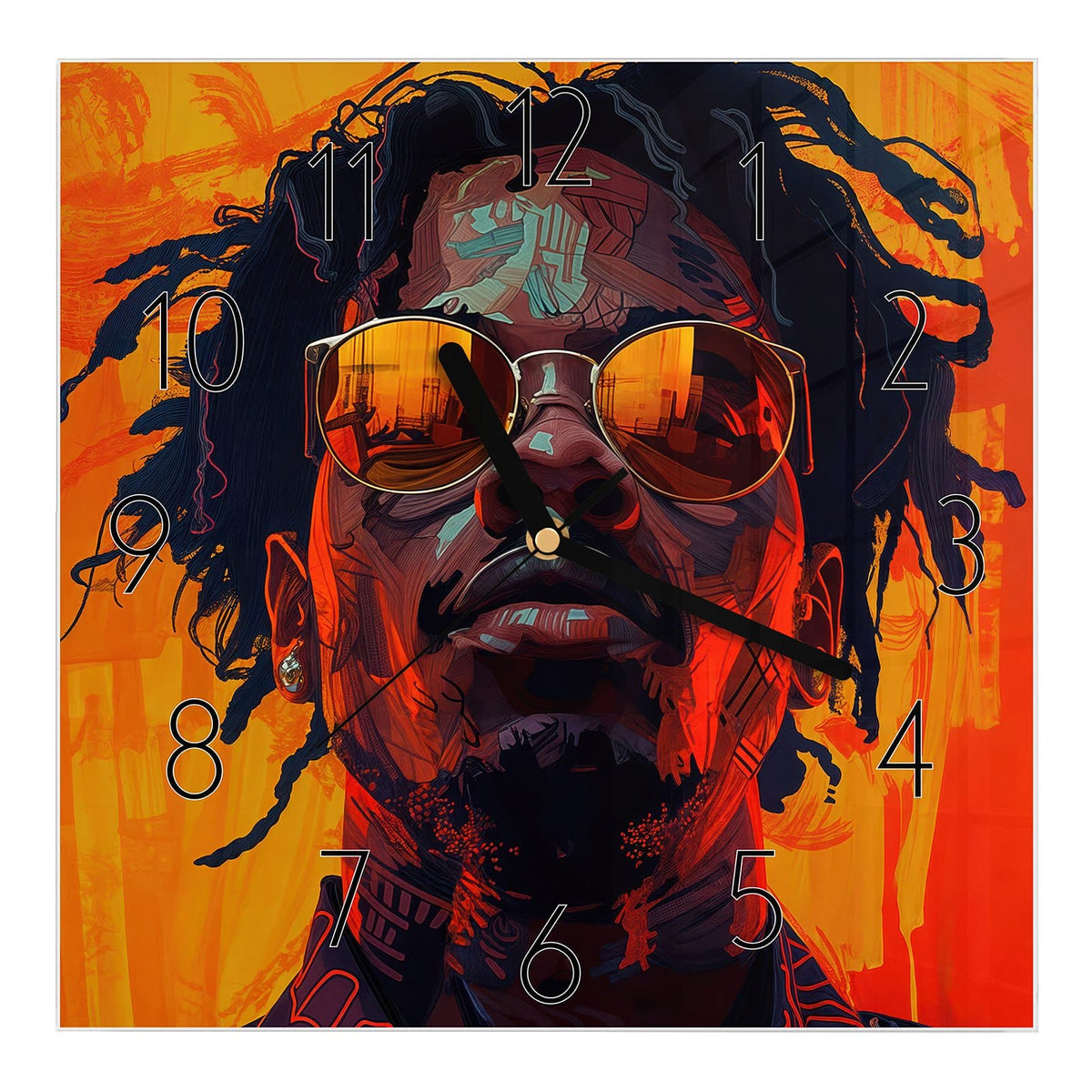 Wanduhr aus Glas, Ziffernblatt Elegant mit Motiv Mann mit Sonnenbrille: Illustriertes Männerporträt mit Dreadlocks und Sonnenbrille vor Orangerot #ziffernblatt_Elegant