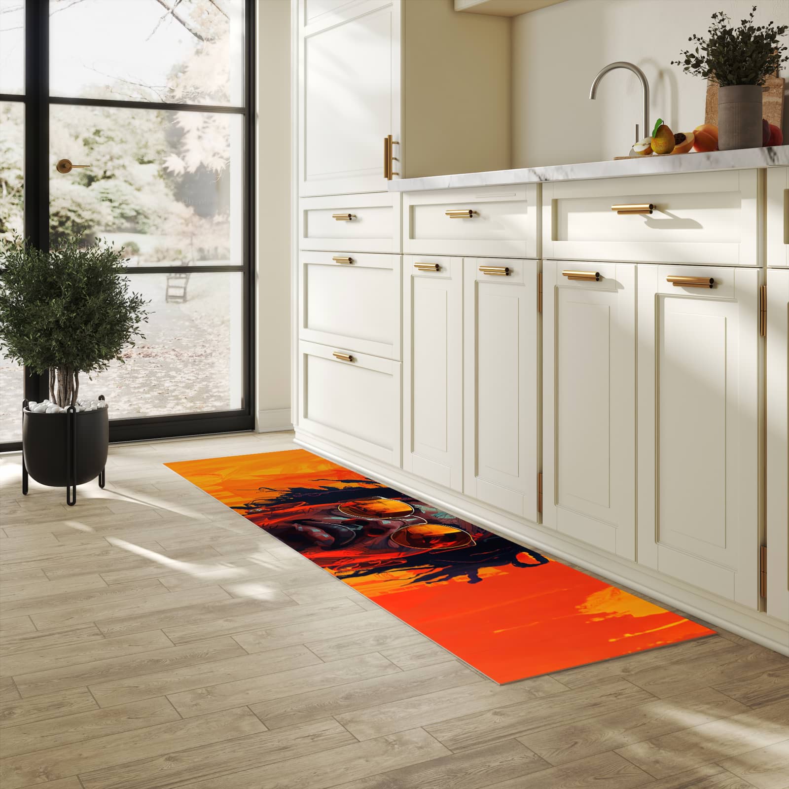 Fleckenresistenter waschbarer Läufer mit Motiv Künstlerischer Look in heller Küche