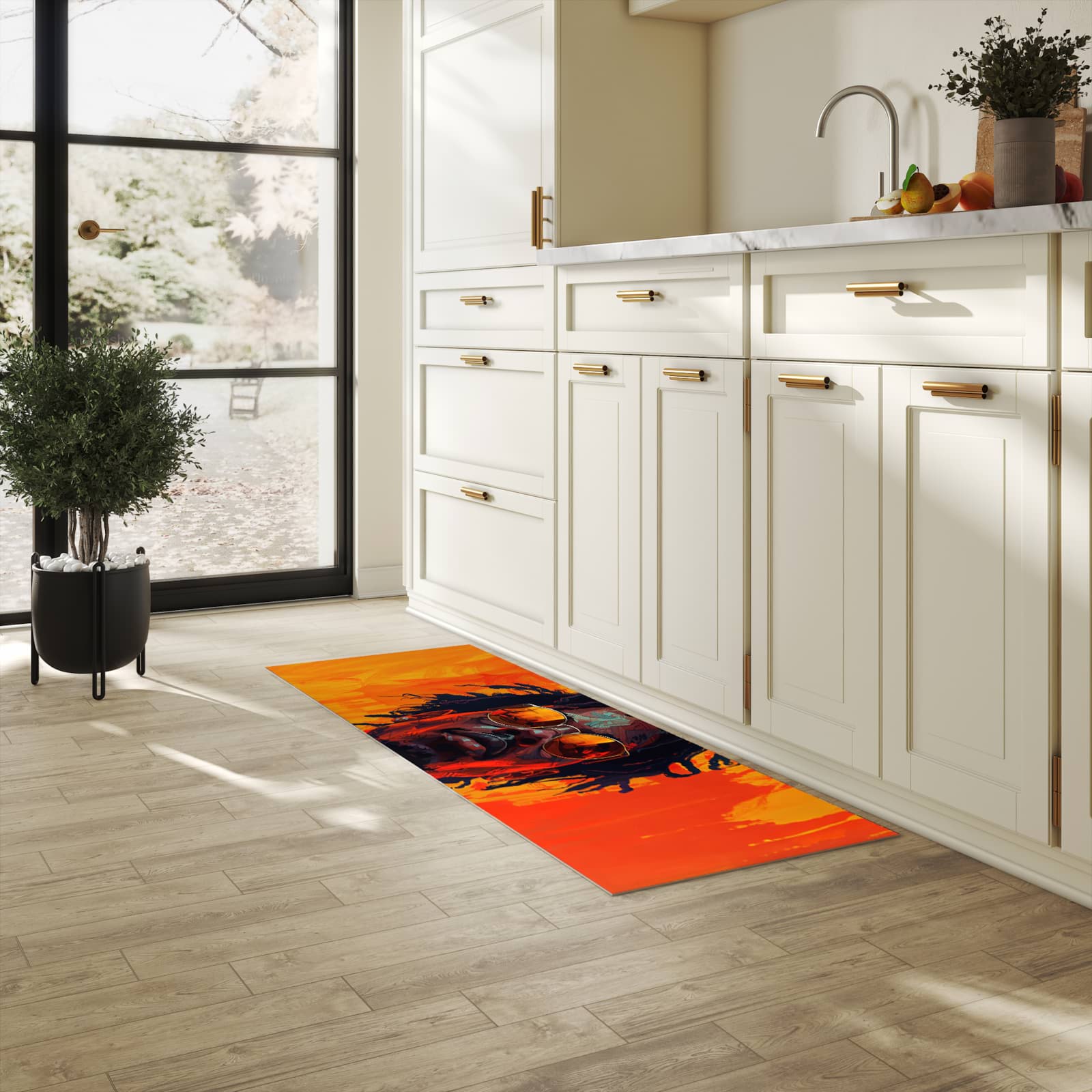 Wasserabweisender Teppichläufer mit Motiv Künstlerischer Look in heller Küche