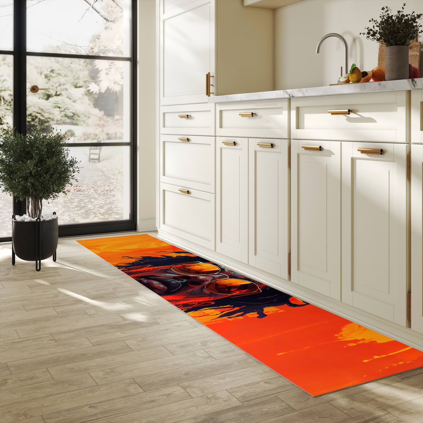 Geruchsneutraler langer Teppich mit Motiv Künstlerischer Look in heller Küche