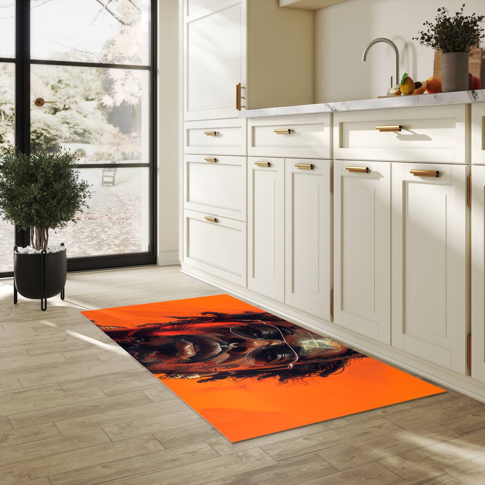 Geräuschdämpfender Küchenvorleger mit Motiv Stilvolle Brillengesicht in heller Küche