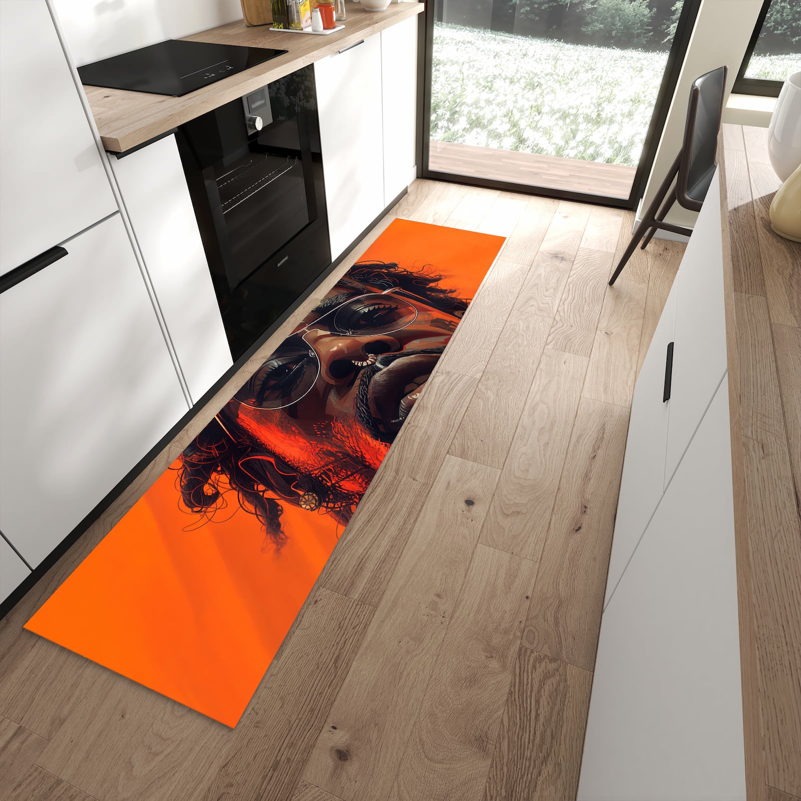 Geruchsneutraler abwaschbarer Küchenteppich mit Motiv Stilvolle Brillengesicht in moderner Küche