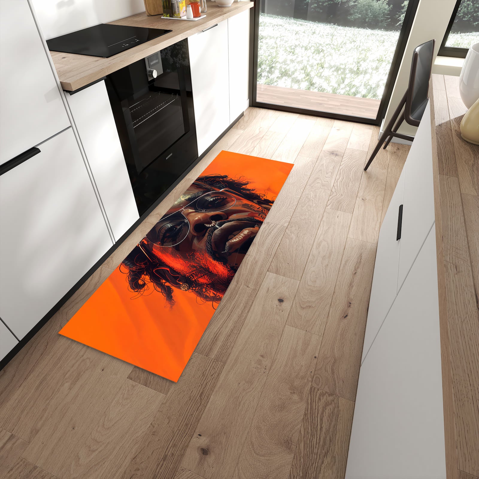 Schmutzabweisender Küchenläufer mit Motiv Stilvolle Brillengesicht in moderner Küche