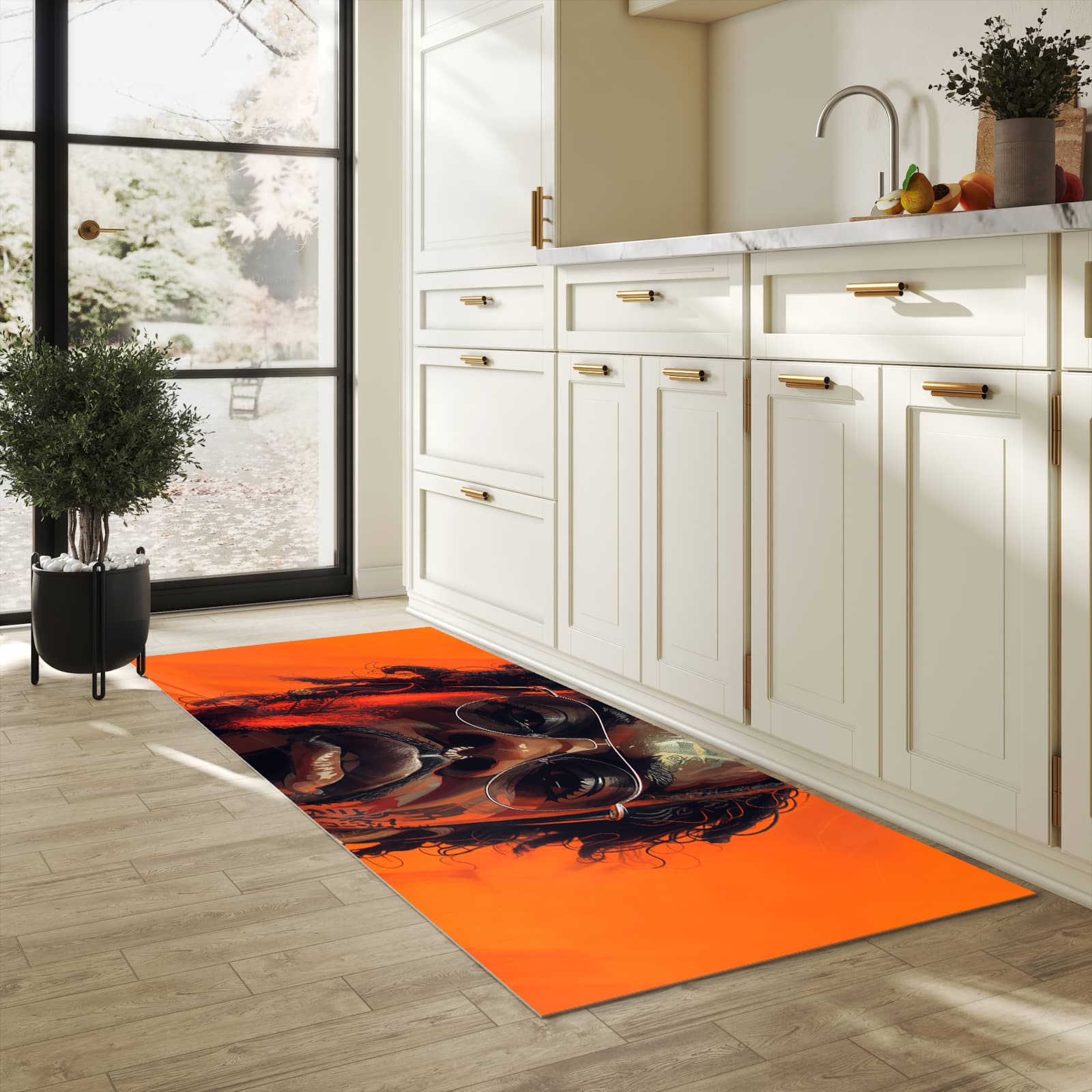 Abriebfester waschbarer Teppich Küche mit Motiv Stilvolle Brillengesicht in heller Küche